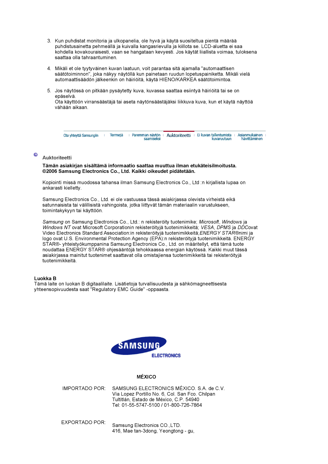 Samsung LS17MJVKS/EDC manual Auktoriteetti, Luokka B 