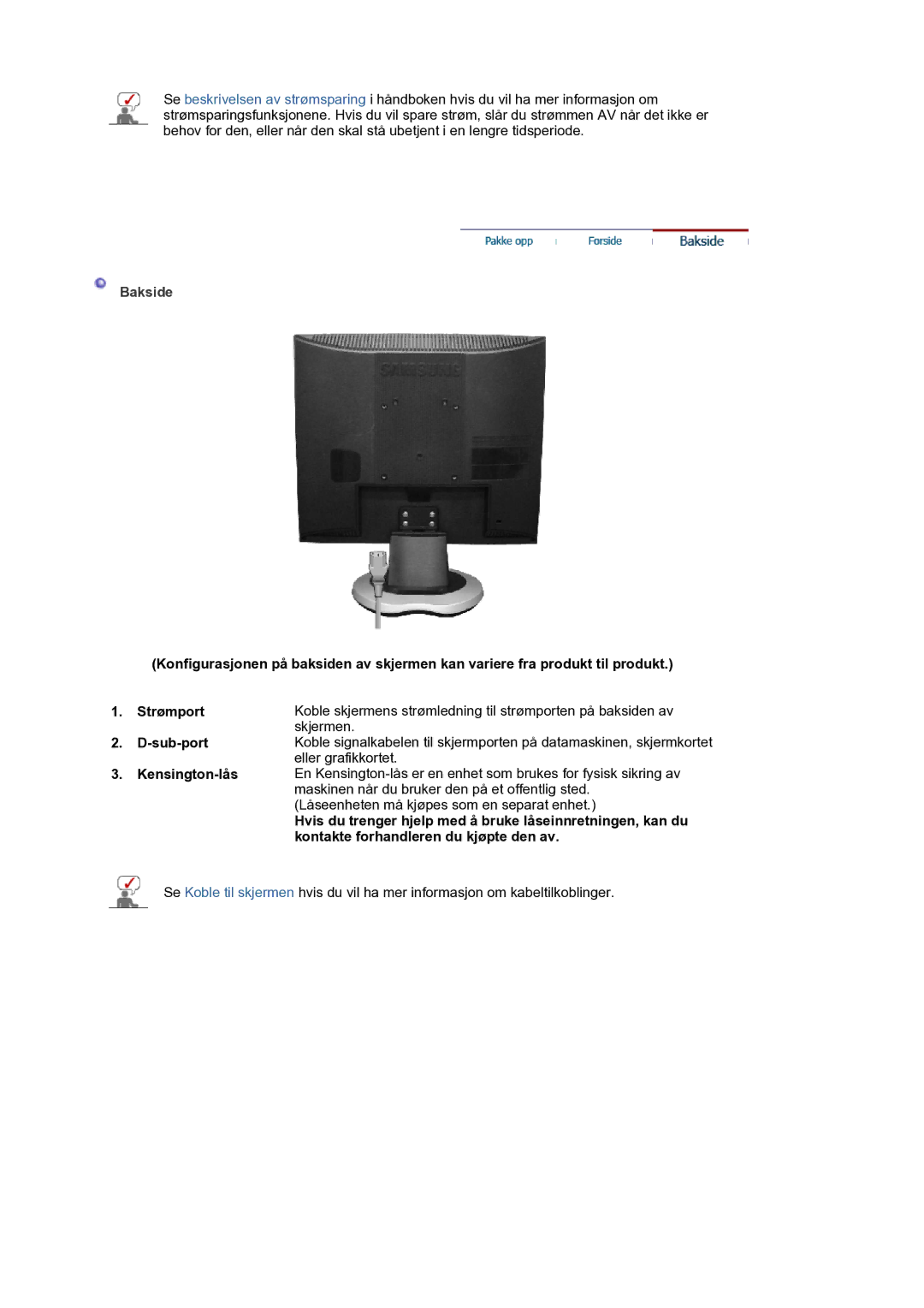 Samsung LS17MJVKS/EDC manual Bakside, Sub-port, Kensington-lås 