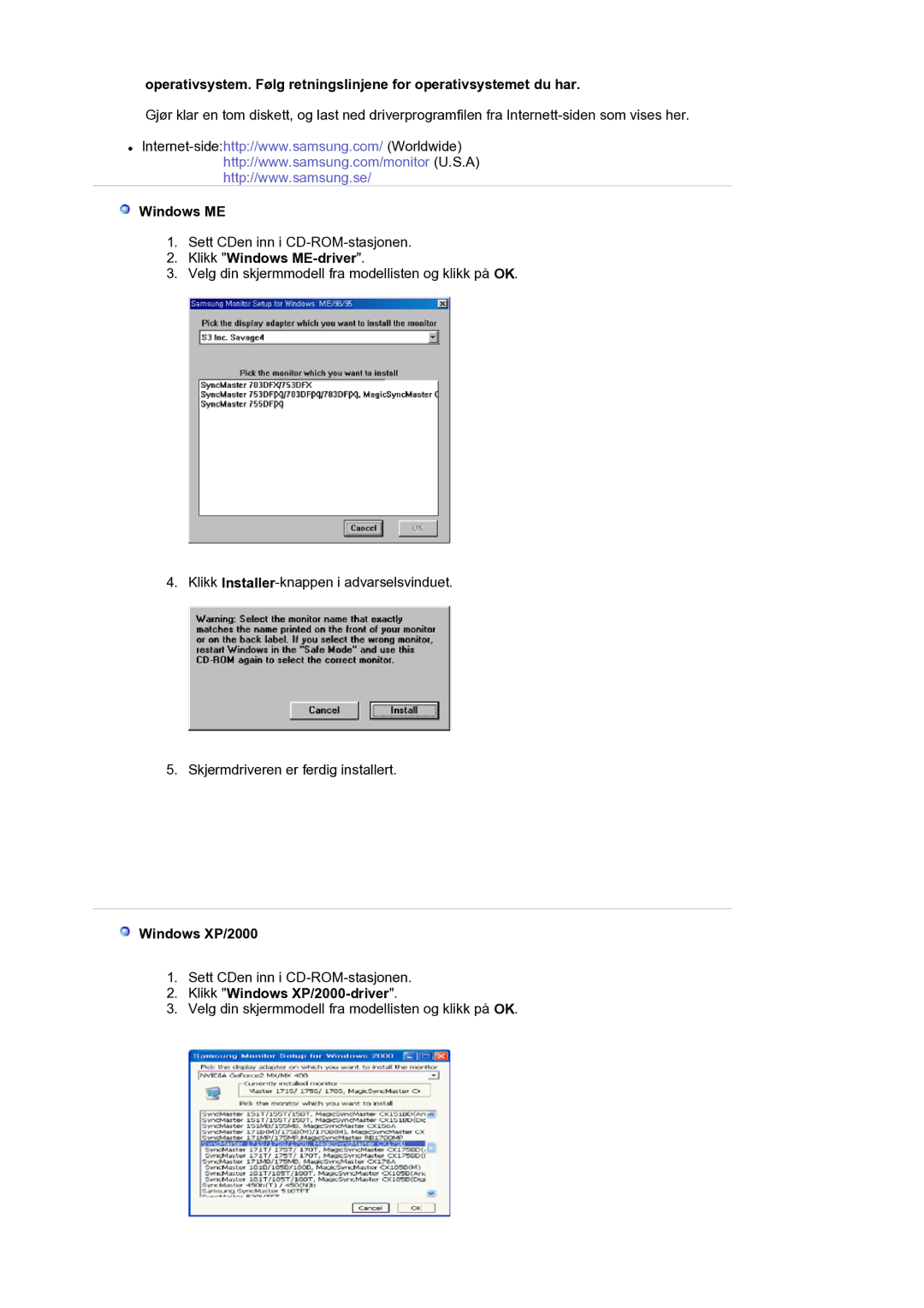 Samsung LS17MJVKS/EDC manual Klikk Windows ME-driver, Klikk Windows XP/2000-driver 