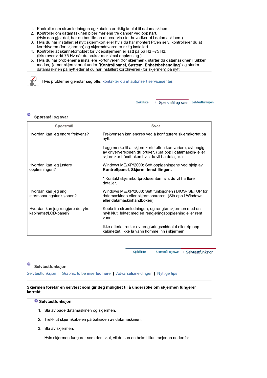 Samsung LS17MJVKS/EDC manual Spørsmål og svar, Svar, Selvtestfunksjon 