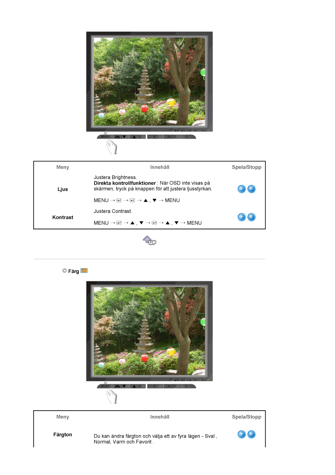 Samsung LS17MJVKS/EDC manual Ljus Kontrast, InnehållSpela/Stopp, Färg 