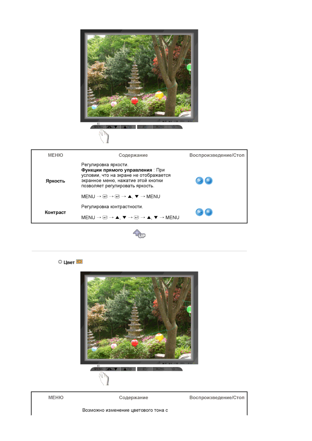 Samsung LS17MJVKS/EDC manual Яркость Контраст, СодержаниеВоспроизведение/Стоп, Цвет, Содержание Воспроизведение/Стоп 