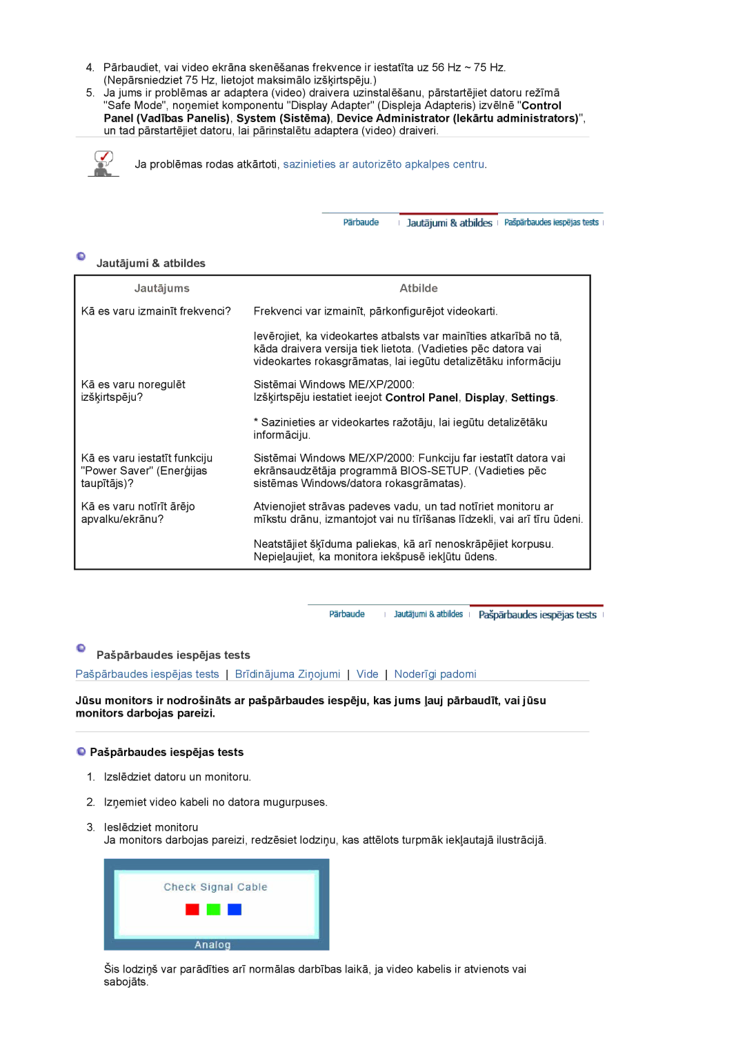 Samsung LS17MJVKS/EDC manual Jautājumi & atbildes, Jautājums, Atbilde, Pašpārbaudes iespējas tests 