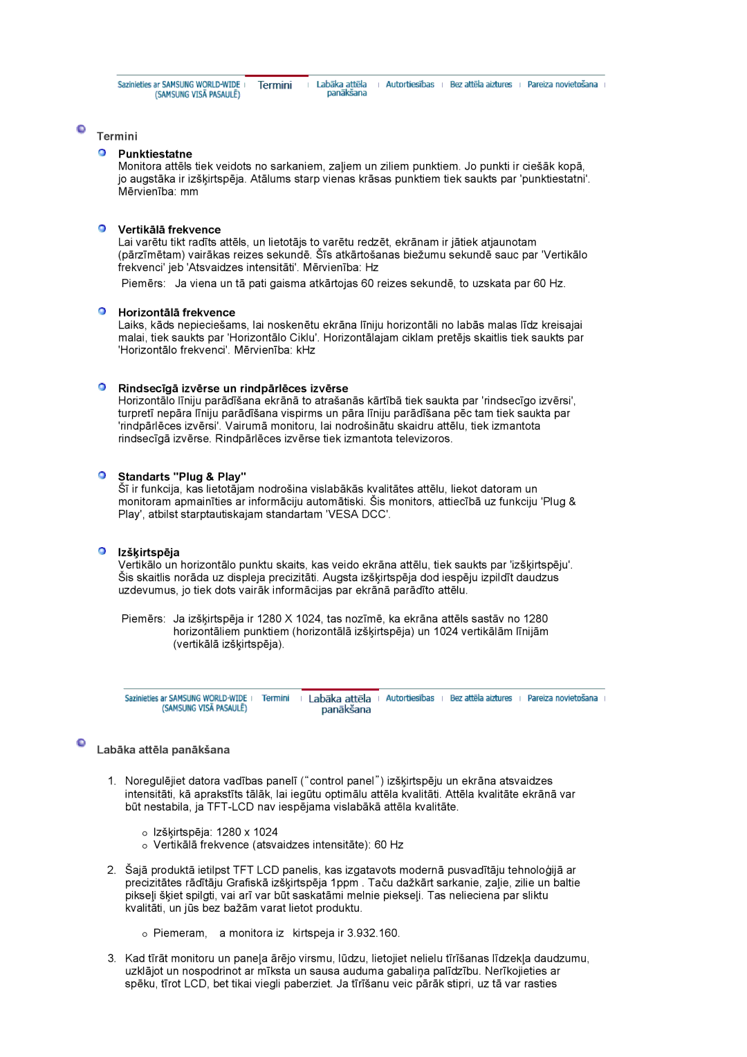 Samsung LS17MJVKS/EDC manual Termini, Labāka attēla panākšana 