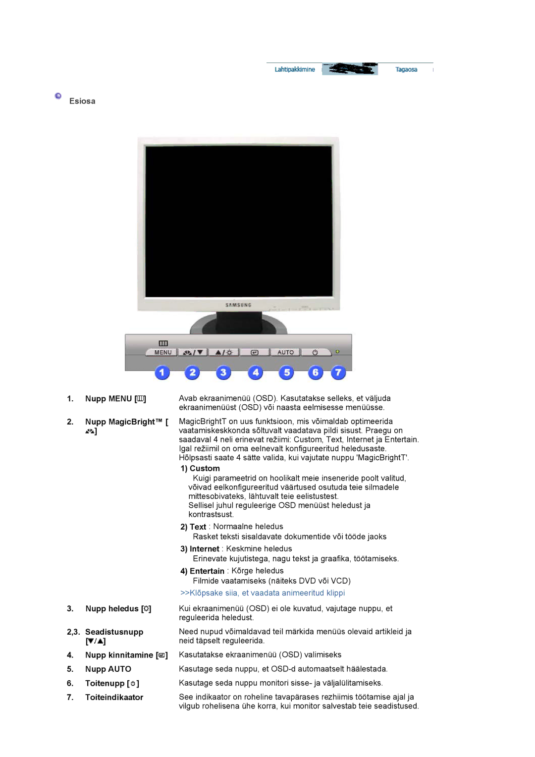 Samsung LS17MJVKS/EDC manual Esiosa, Custom, Seadistusnupp, Neid täpselt reguleerida 