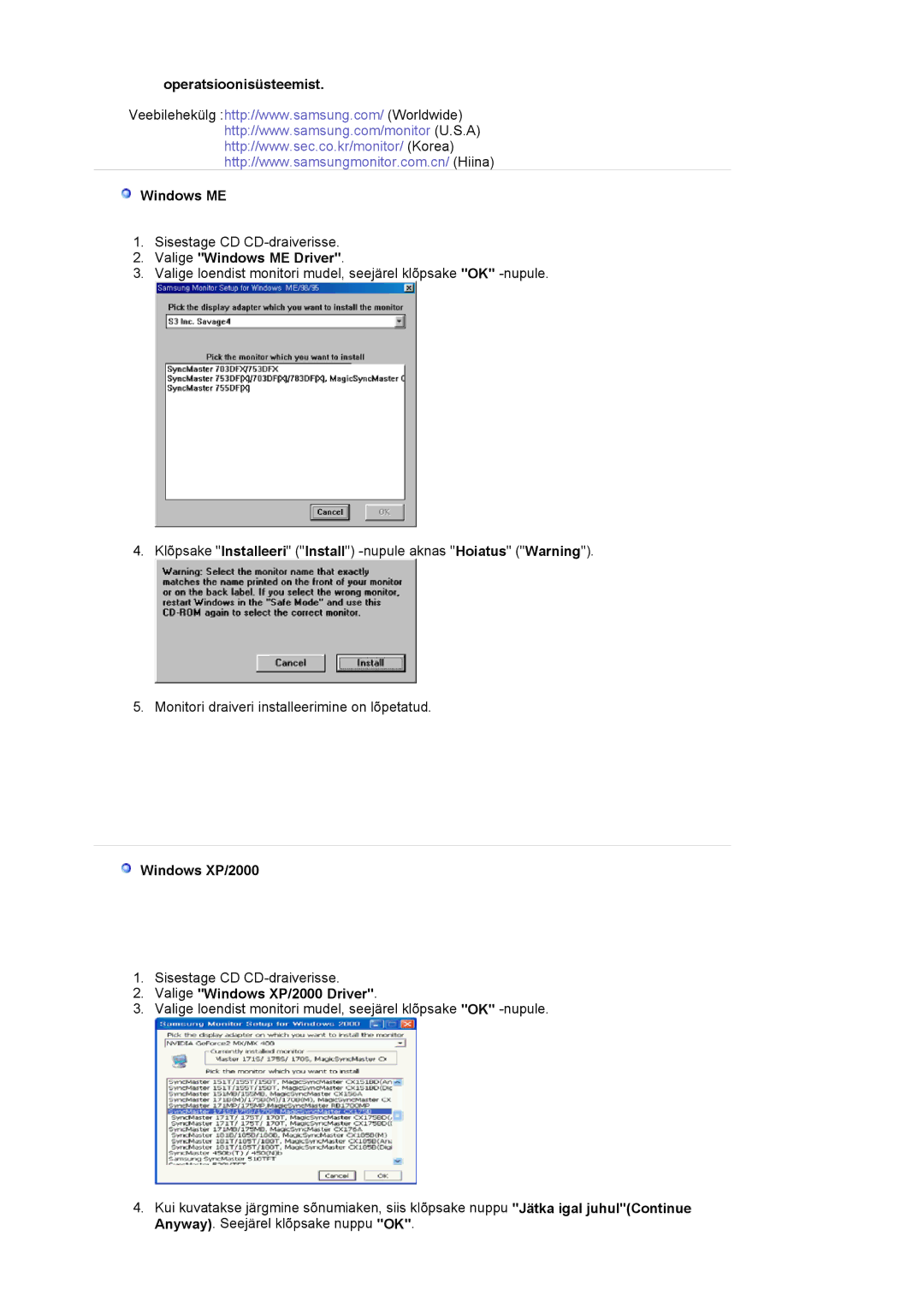 Samsung LS17MJVKS/EDC manual Operatsioonisüsteemist Windows ME, Valige Windows ME Driver, Windows XP/2000 