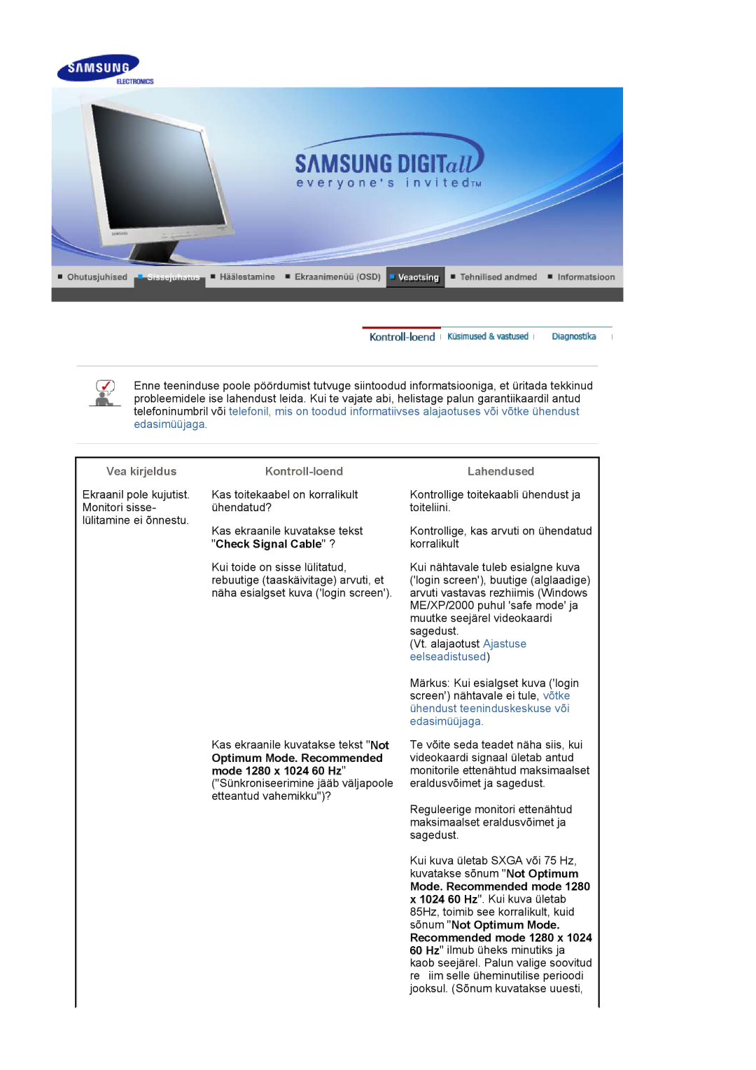 Samsung LS17MJVKS/EDC manual Vea kirjeldus Kontroll-loend, Check Signal Cable ?, Lahendused 