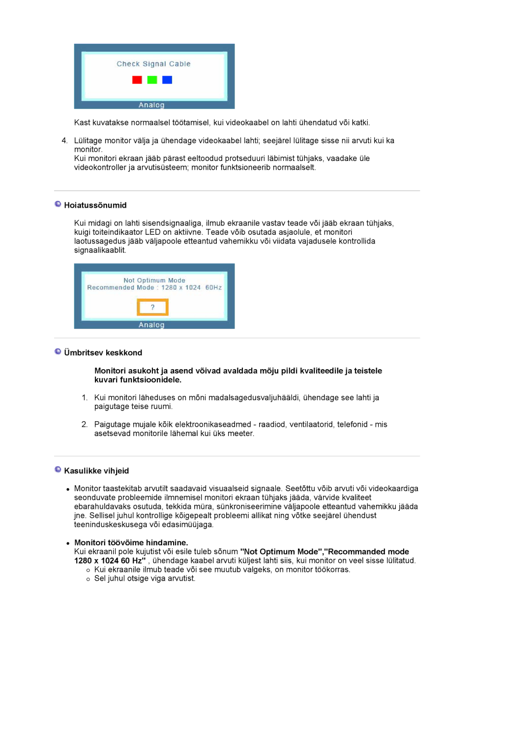 Samsung LS17MJVKS/EDC manual Hoiatussõnumid, Kasulikke vihjeid, Monitori töövõime hindamine 