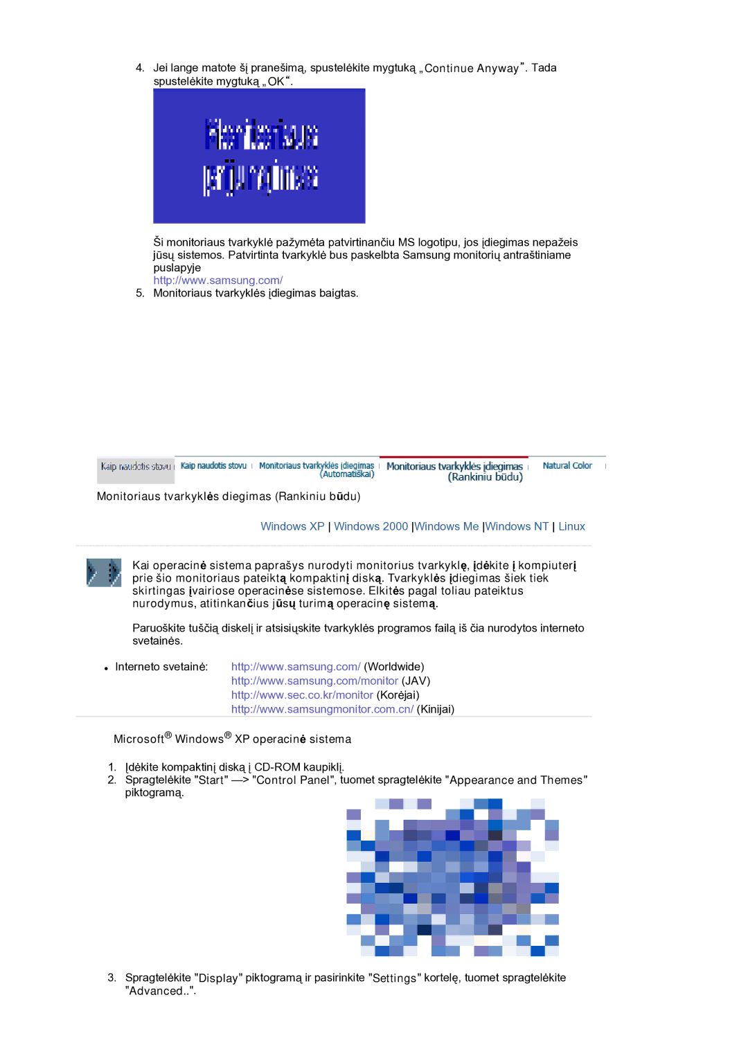 Samsung LS17MJVKS/EDC manual Monitoriaus tvarkyklės diegimas Rankiniu būdu, Microsoft Windows XP operacinė sistema 