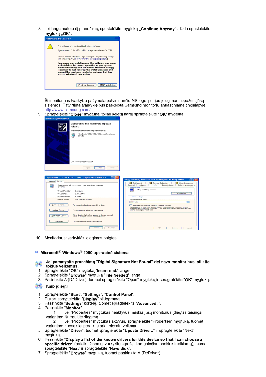 Samsung LS17MJVKS/EDC manual Kaip įdiegti 