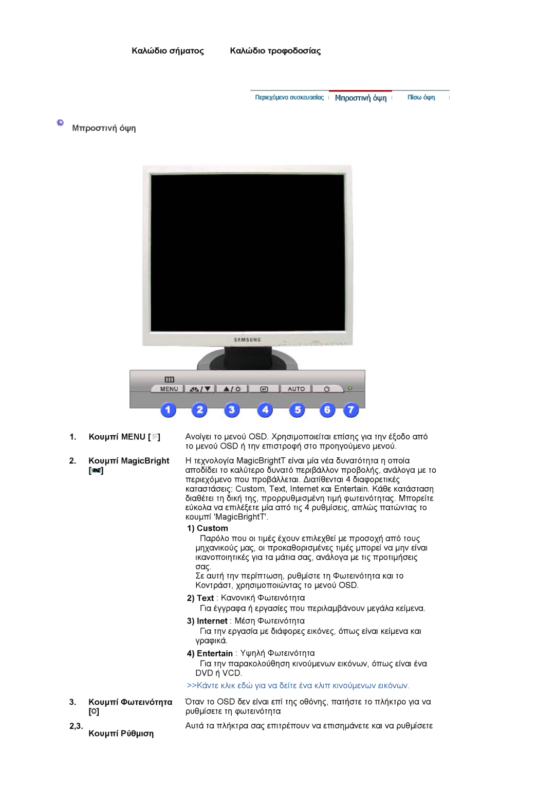 Samsung LS17MJVKS/EDC manual Καλώδιο σήµατος Καλώδιο τροφοδοσίας, Mπροστιvή όψη, Custom, Ρυθµίσετε τη φωτεινότητα 