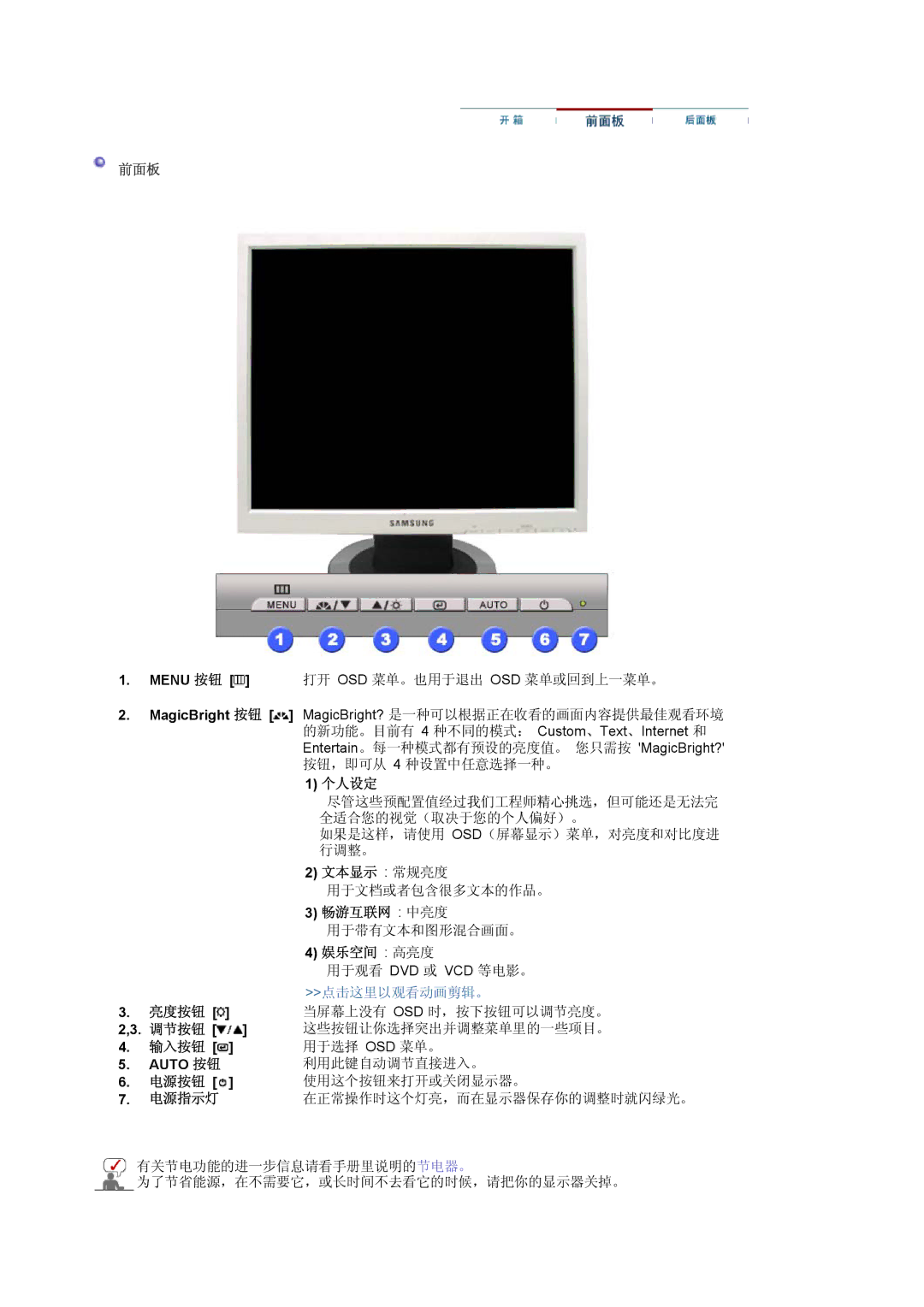 Samsung LS17MJVKS/EDC manual 前面板 