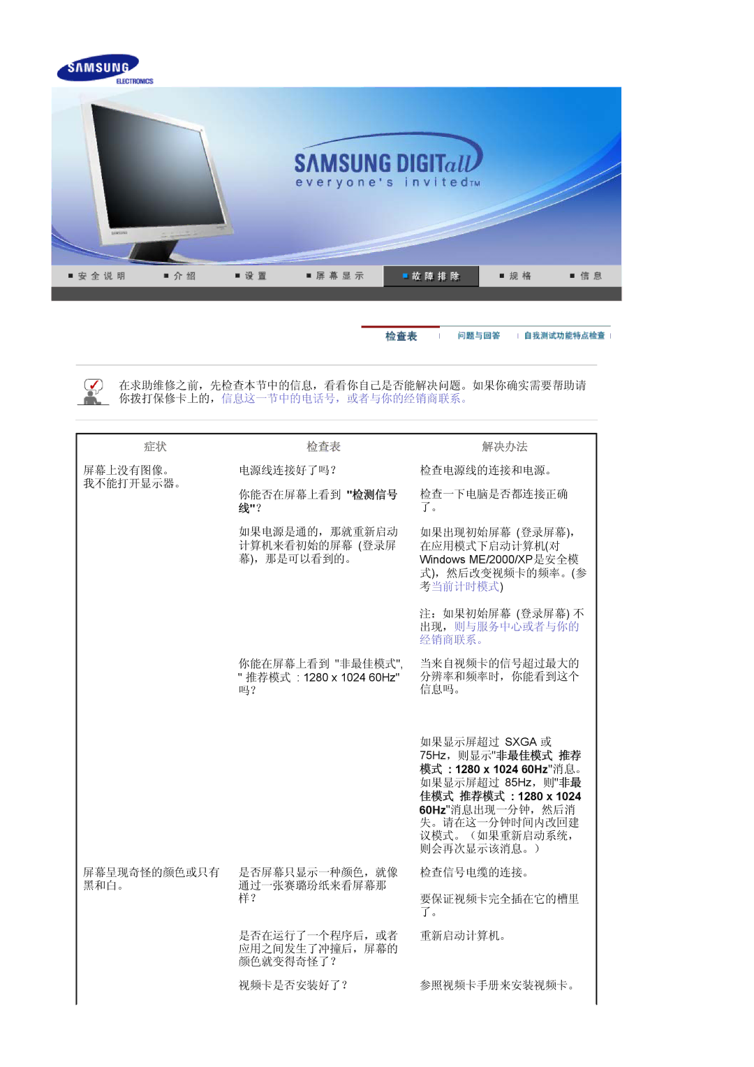 Samsung LS17MJVKS/EDC manual 检查表 解决办法, 经销商联系。 