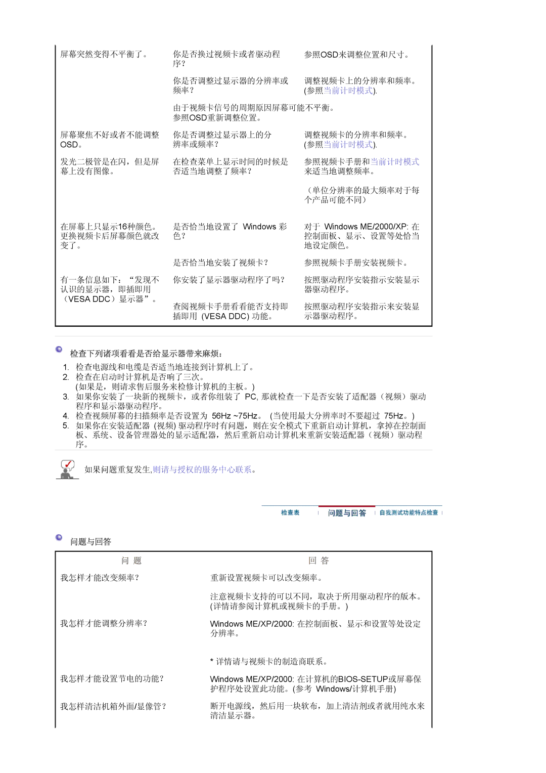 Samsung LS17MJVKS/EDC manual 检查下列诸项看看是否给显示器带来麻烦：, 问题与回答 