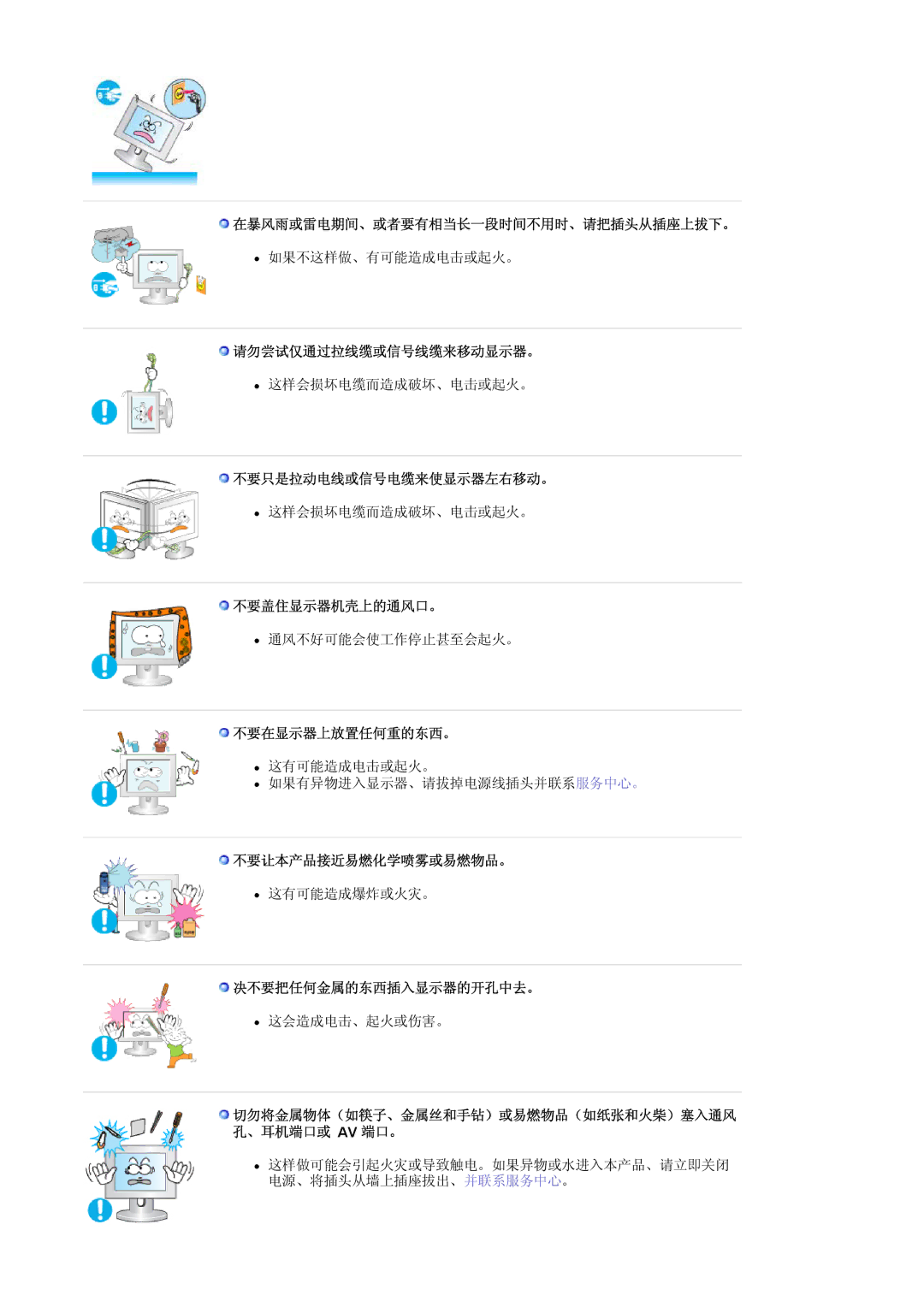 Samsung LS17MJVKS/EDC manual 在暴风雨或雷电期间、或者要有相当长一段时间不用时、请把插头从插座上拔下。, 请勿尝试仅通过拉线缆或信号线缆来移动显示器。, 不要只是拉动电线或信号电缆来使显示器左右移动。 