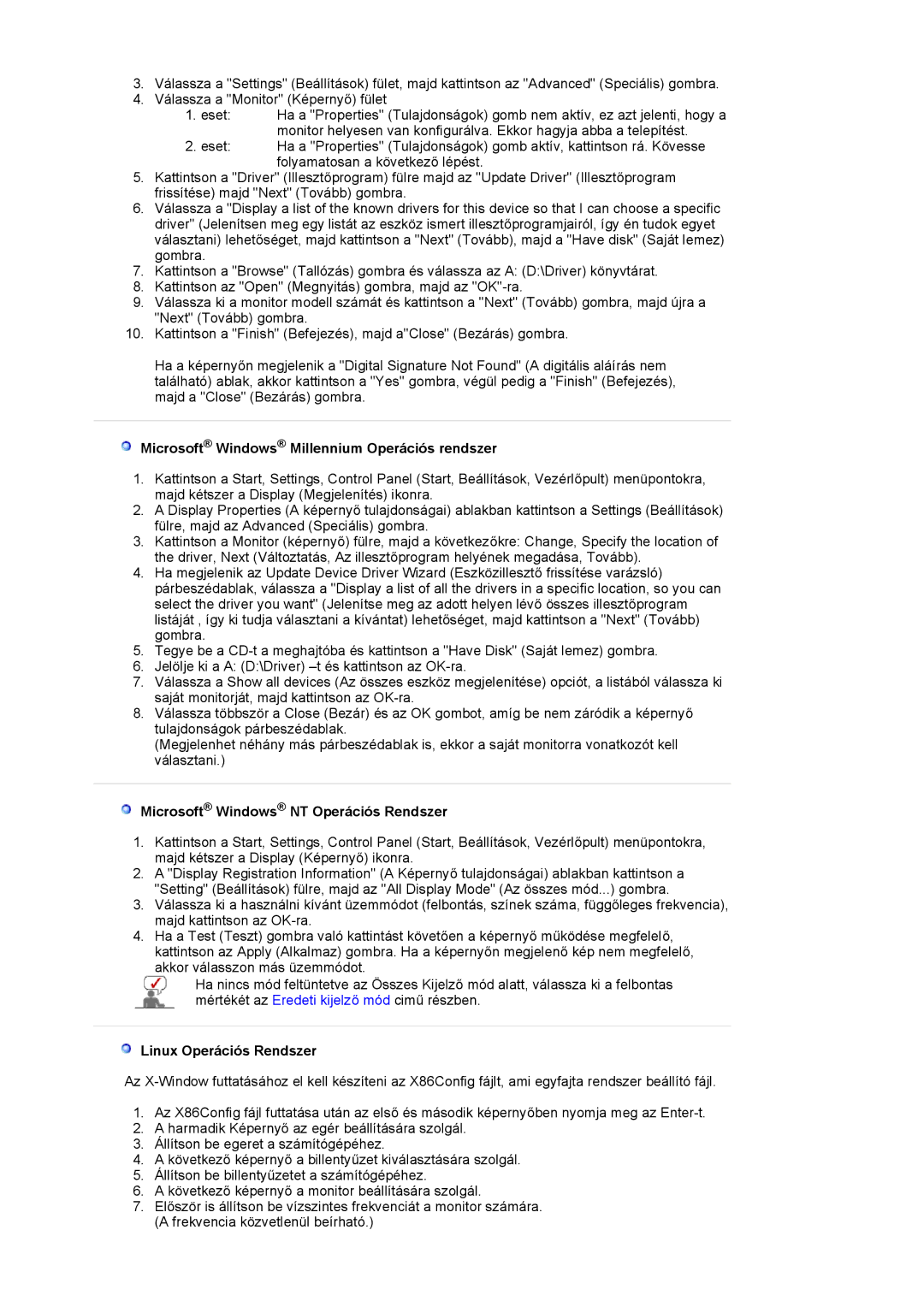 Samsung LS17MJVKS/EDC manual Microsoft Windows Millennium Operációs rendszer, Microsoft Windows NT Operációs Rendszer 