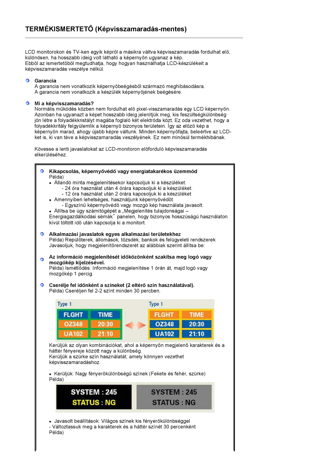 Samsung LS17MJVKS/EDC manual Garancia, Mi a képvisszamaradás?, Kikapcsolás, képernyővédő vagy energiatakarékos üzemmód 