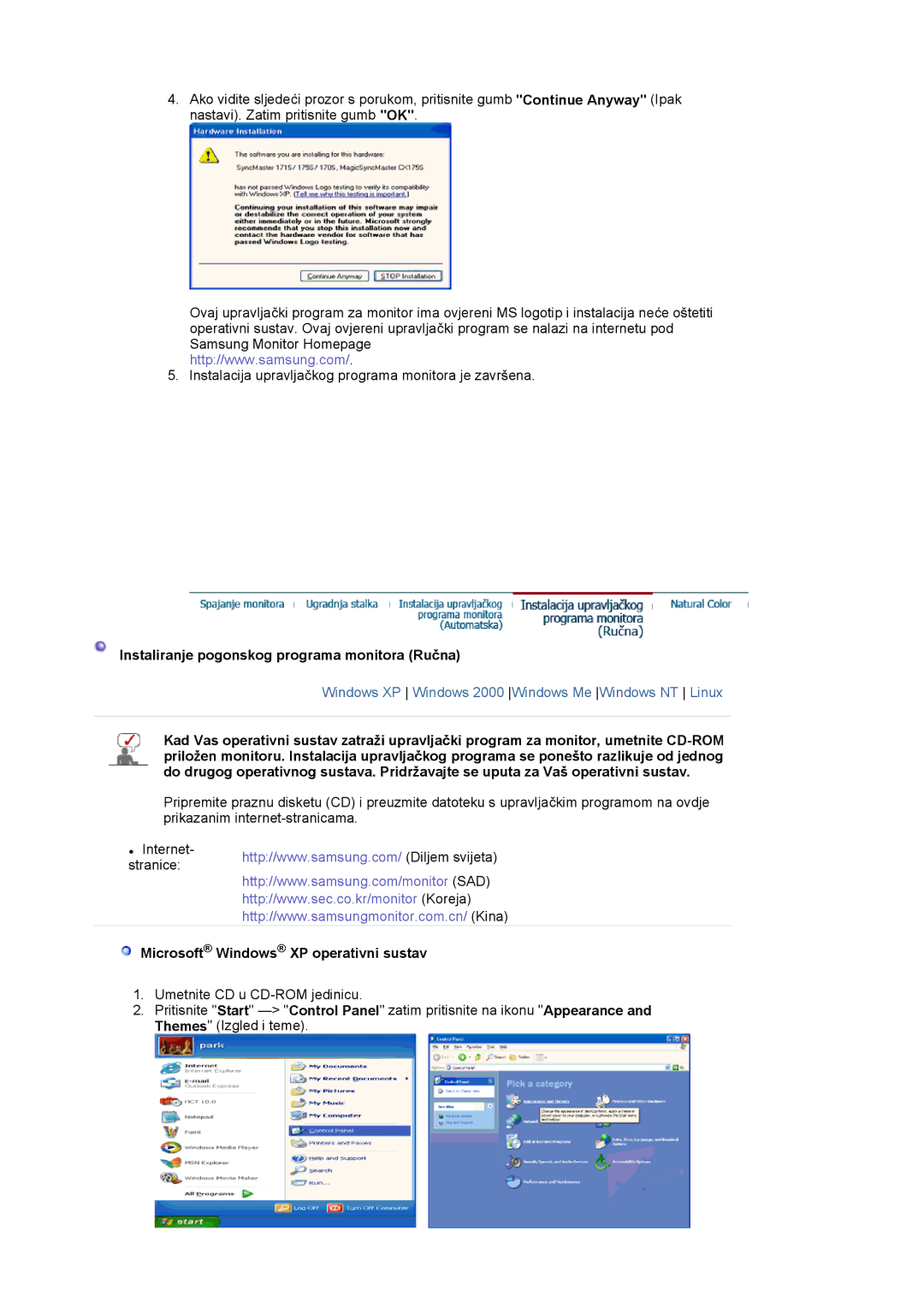 Samsung LS17MJVKS/EDC manual Instaliranje pogonskog programa monitora Ručna, Microsoft Windows XP operativni sustav 