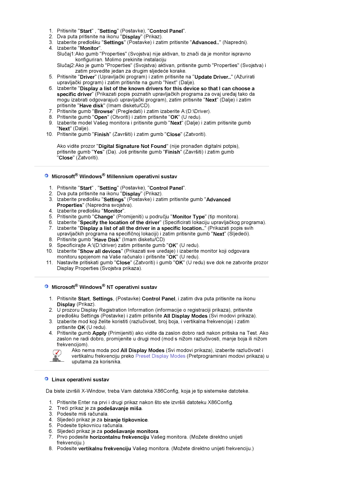 Samsung LS17MJVKS/EDC manual Microsoft Windows Millennium operativni sustav, Microsoft Windows NT operativni sustav 