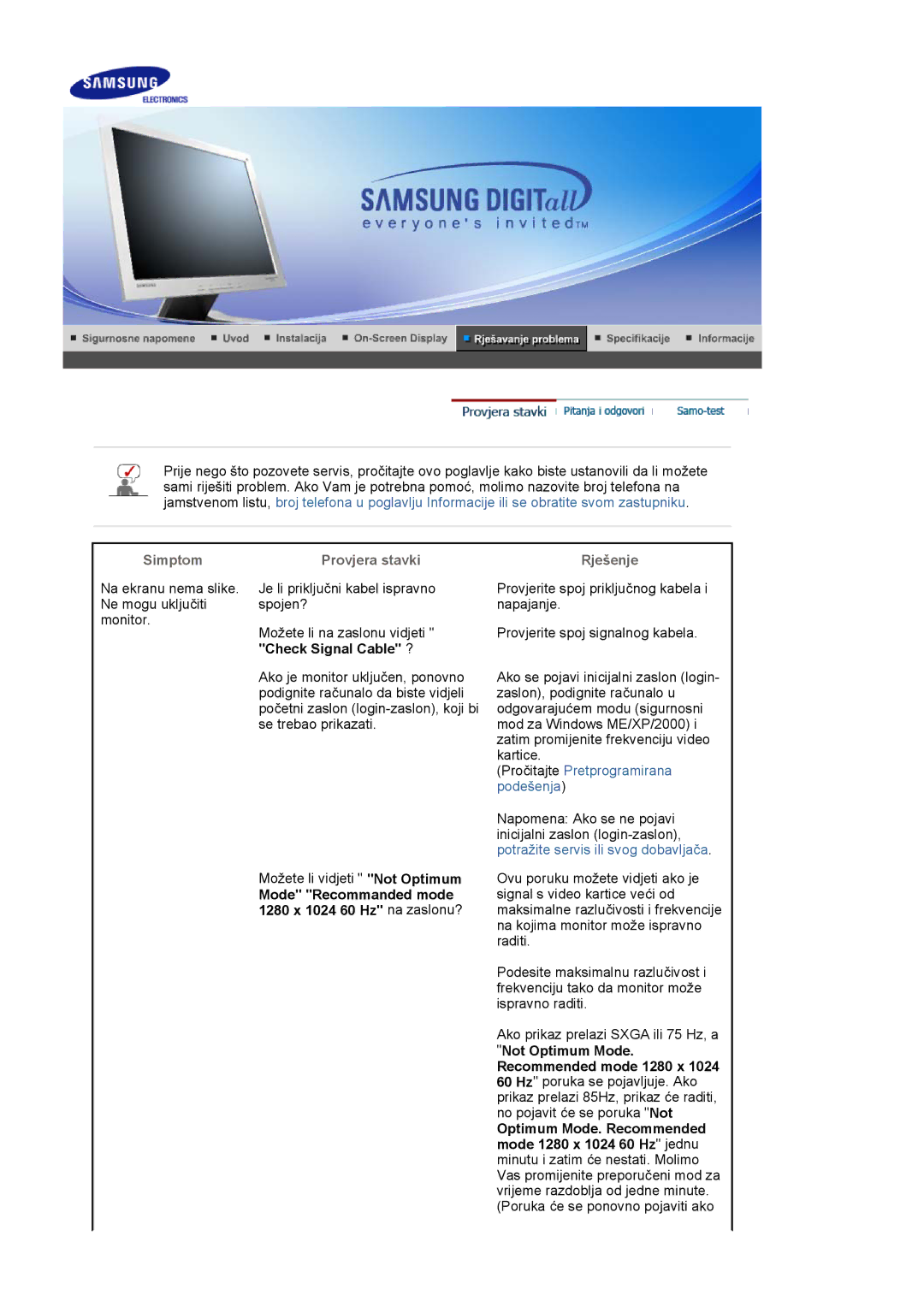 Samsung LS17MJVKS/EDC manual Simptom, Provjera stavki, Rješenje, Recommended mode 1280 x 