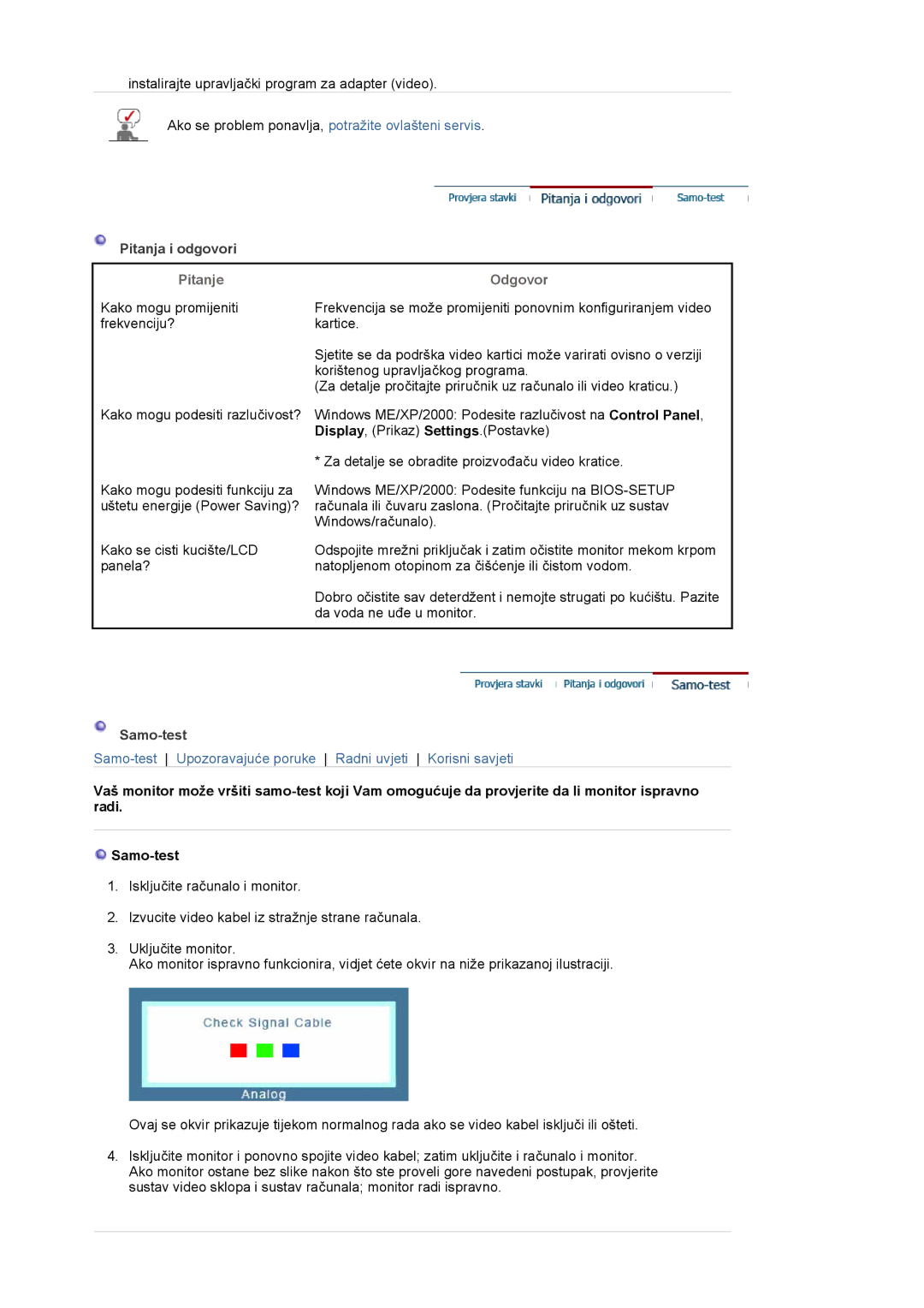 Samsung LS17MJVKS/EDC manual Pitanja i odgovori, Pitanje, Odgovor, Samo-test 