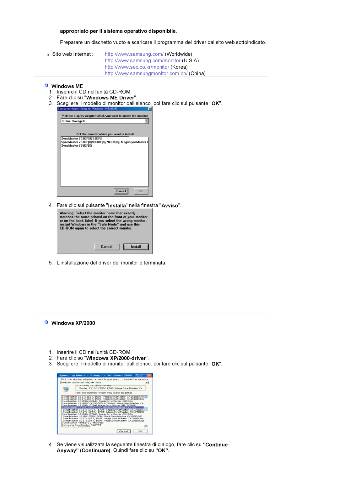 Samsung LS17MJVKS/EDC manual appropriato per il sistema operativo disponibile, Fare clic su Windows ME Driver 