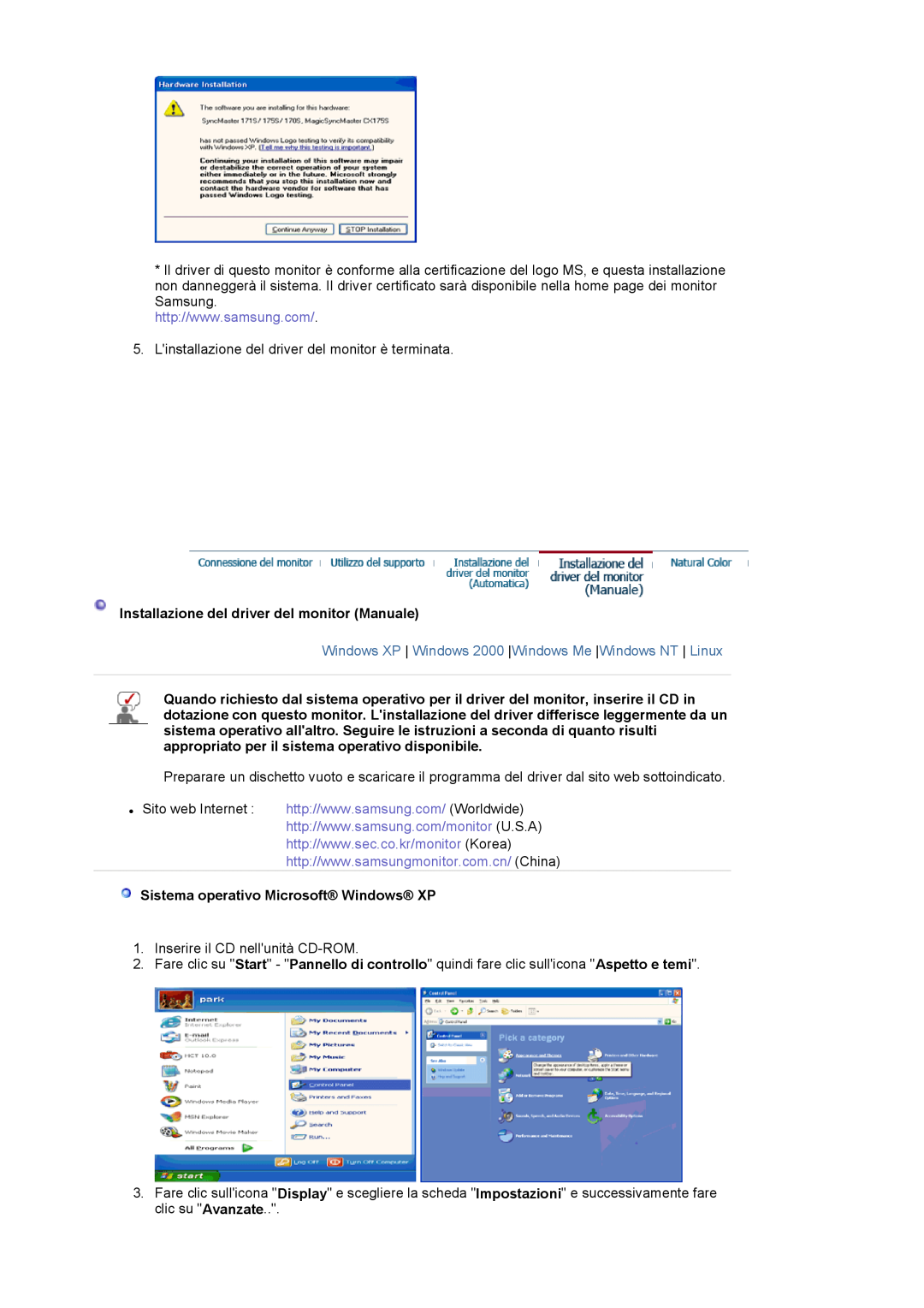 Samsung LS17MJVKS/EDC manual Installazione del driver del monitor Manuale, Sistema operativo Microsoft Windows XP 