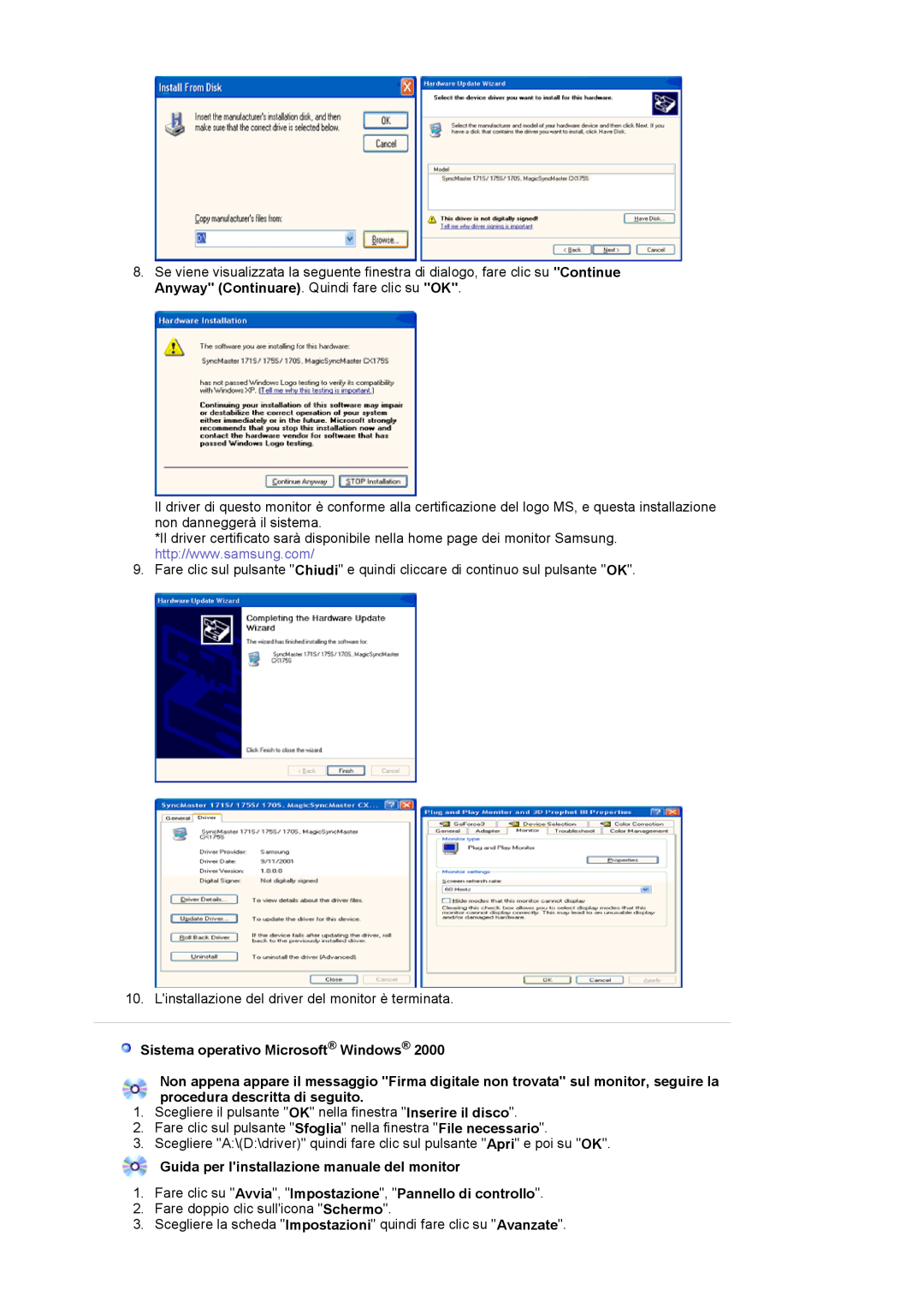 Samsung LS17MJVKS/EDC Sistema operativo Microsoft Windows, Guida per linstallazione manuale del monitor 