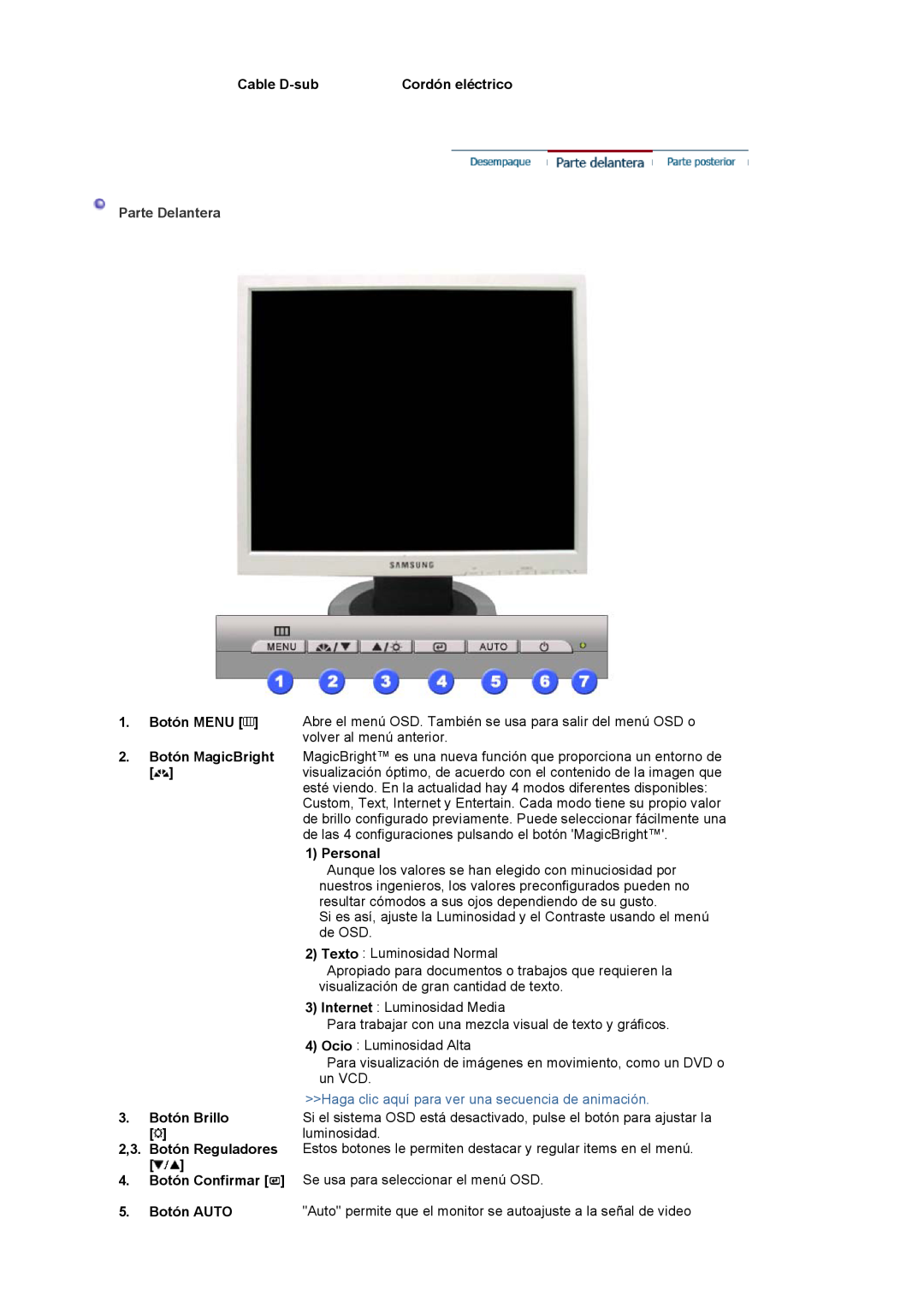 Samsung LS17MJVKS/EDC manual Parte Delantera, Haga clic aquí para ver una secuencia de animación, Cable D-sub 