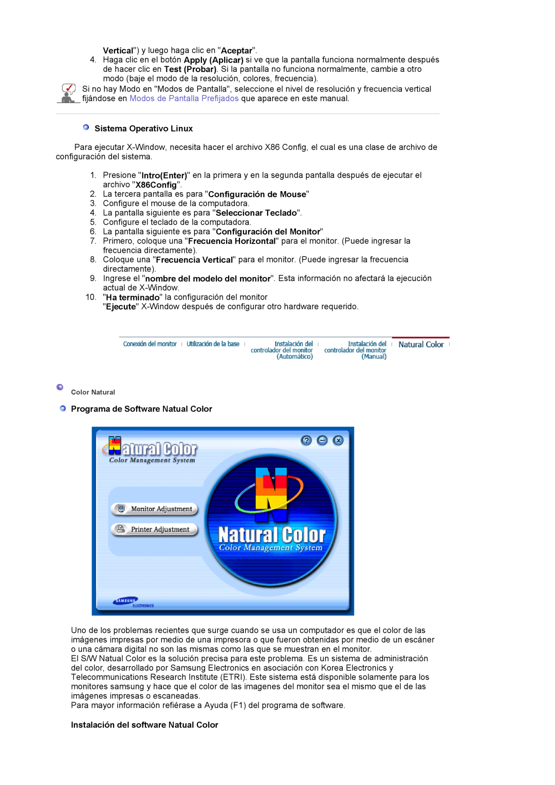Samsung LS17MJVKS/EDC Sistema Operativo Linux, Programa de Software Natual Color, Instalación del software Natual Color 