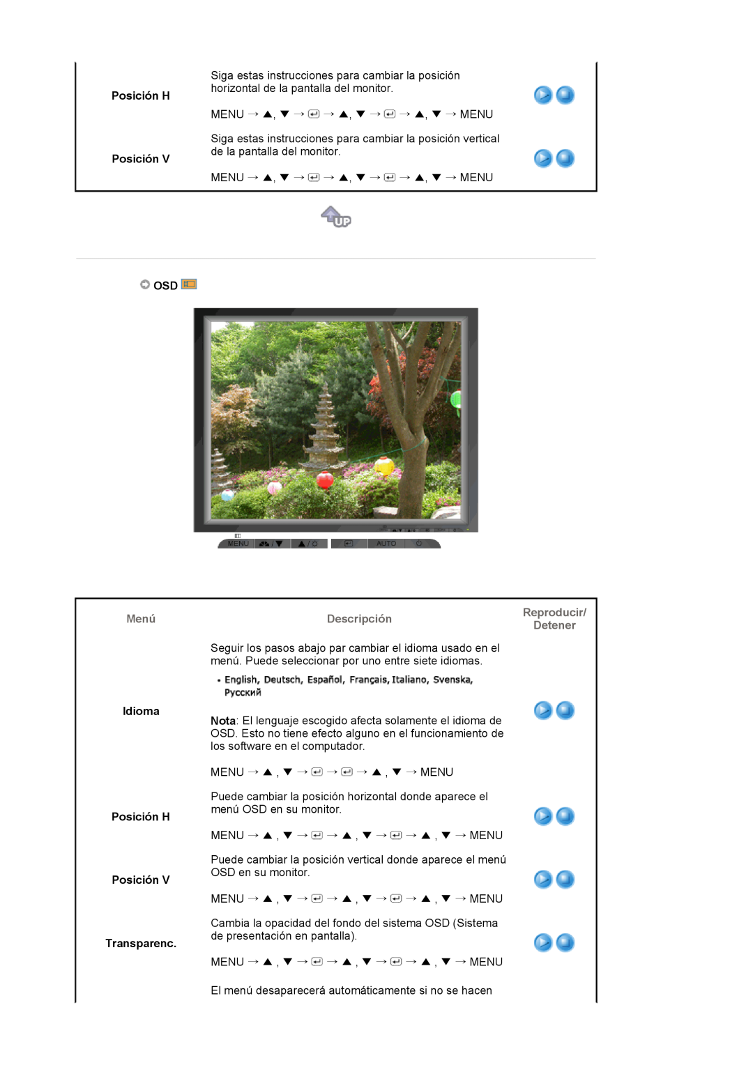 Samsung LS17MJVKS/EDC manual Idioma Posición H Posición Transparenc 