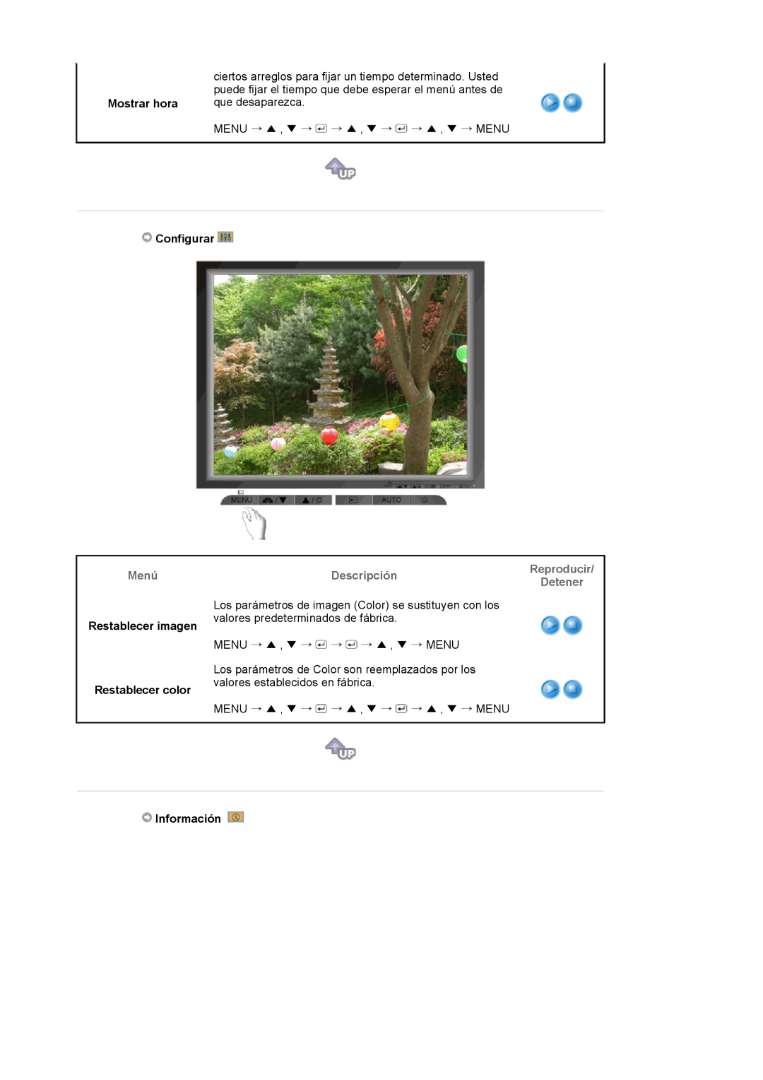 Samsung LS17MJVKS/EDC manual Mostrar hora, Configurar, Restablecer imagen Restablecer color, Información 