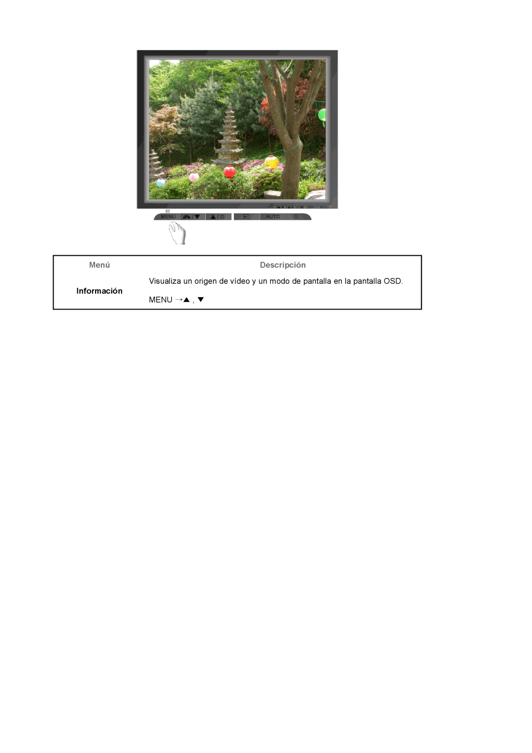Samsung LS17MJVKS/EDC manual Visualiza un origen de vídeo y un modo de pantalla en la pantalla OSD, Información, Menu → 