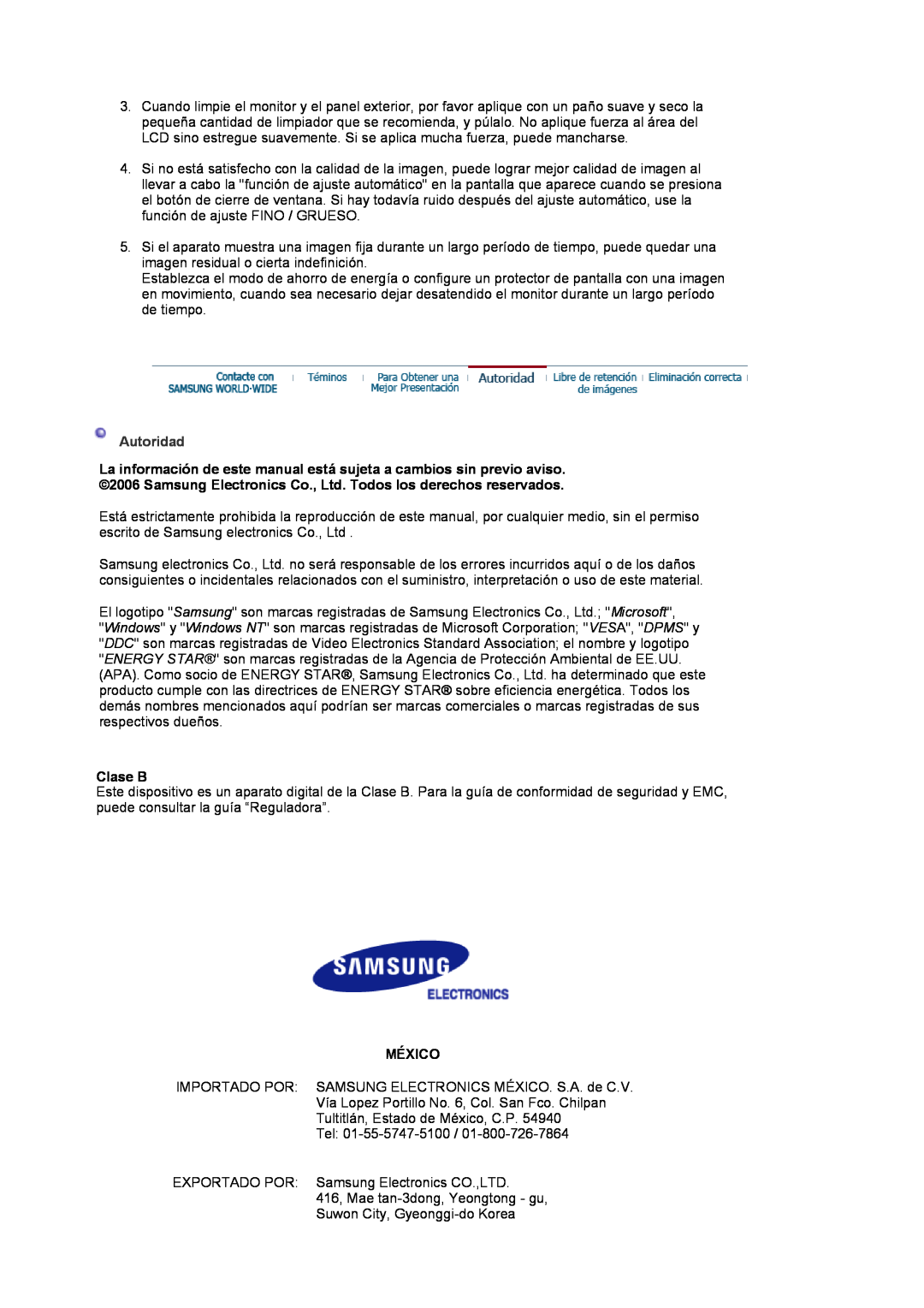 Samsung LS17MJVKS/EDC manual Autoridad, Clase B, México 