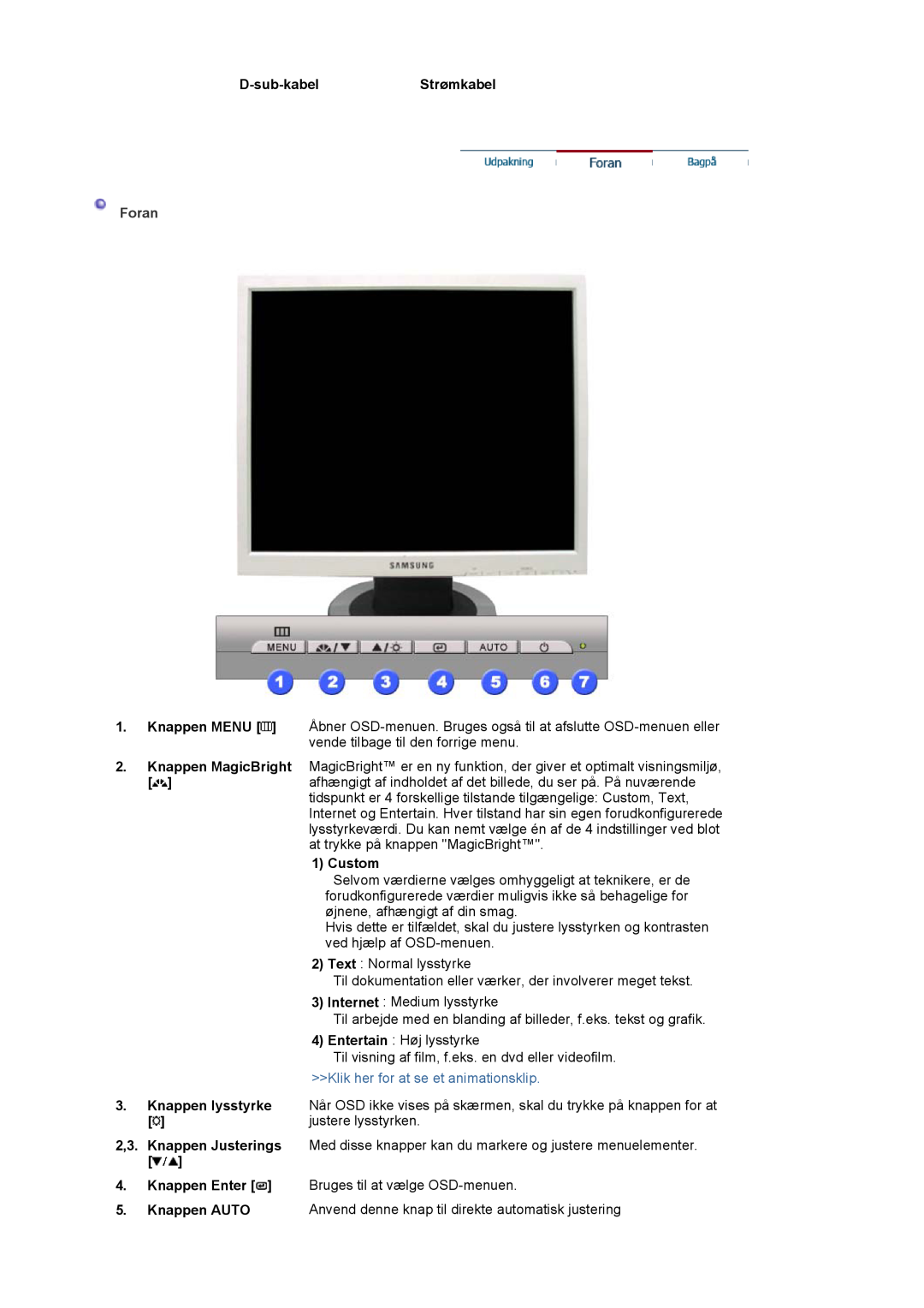 Samsung LS17MJVKS/EDC manual Foran, D-sub-kabelStrømkabel, Custom, Knappen AUTO 