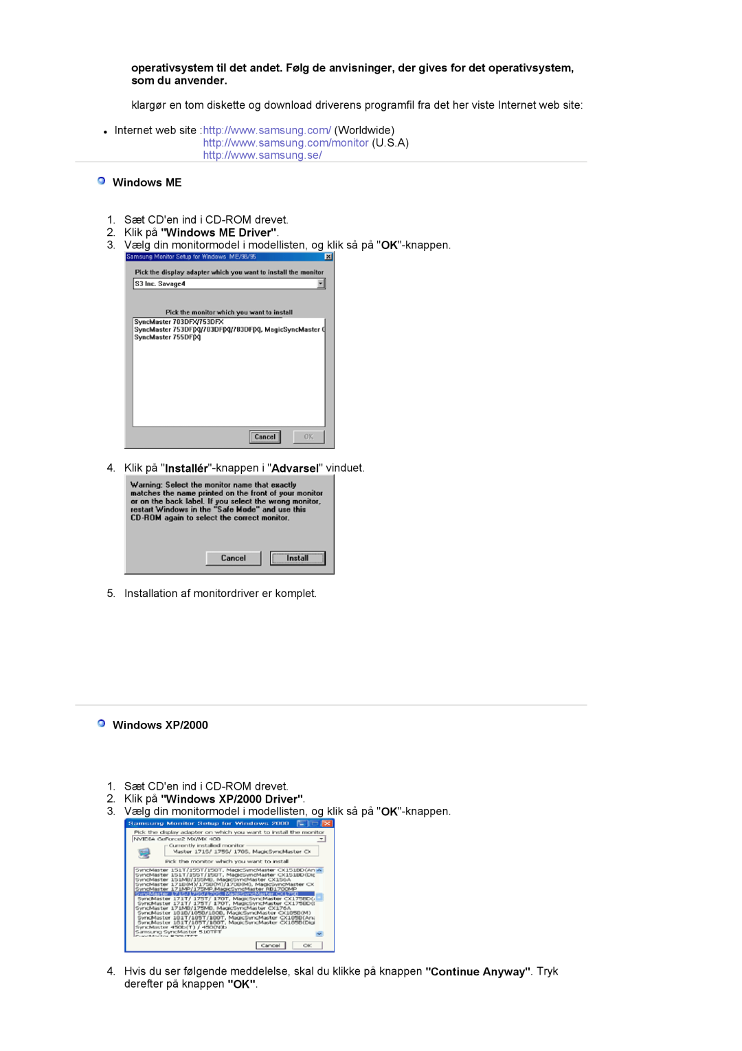 Samsung LS17MJVKS/EDC manual Klik på Windows ME Driver, Klik på Windows XP/2000 Driver 