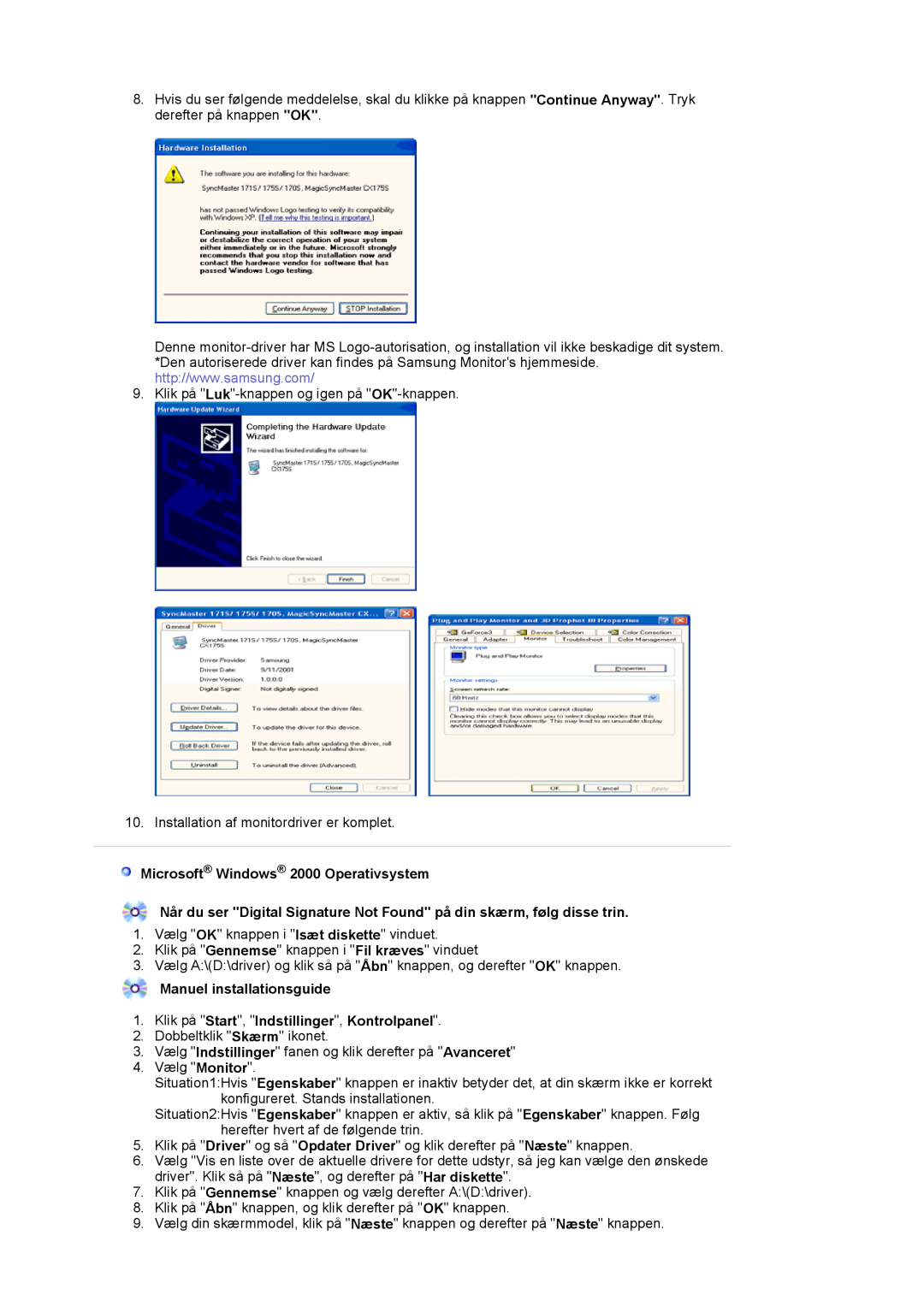Samsung LS17MJVKS/EDC manual Microsoft Windows 2000 Operativsystem, Manuel installationsguide 