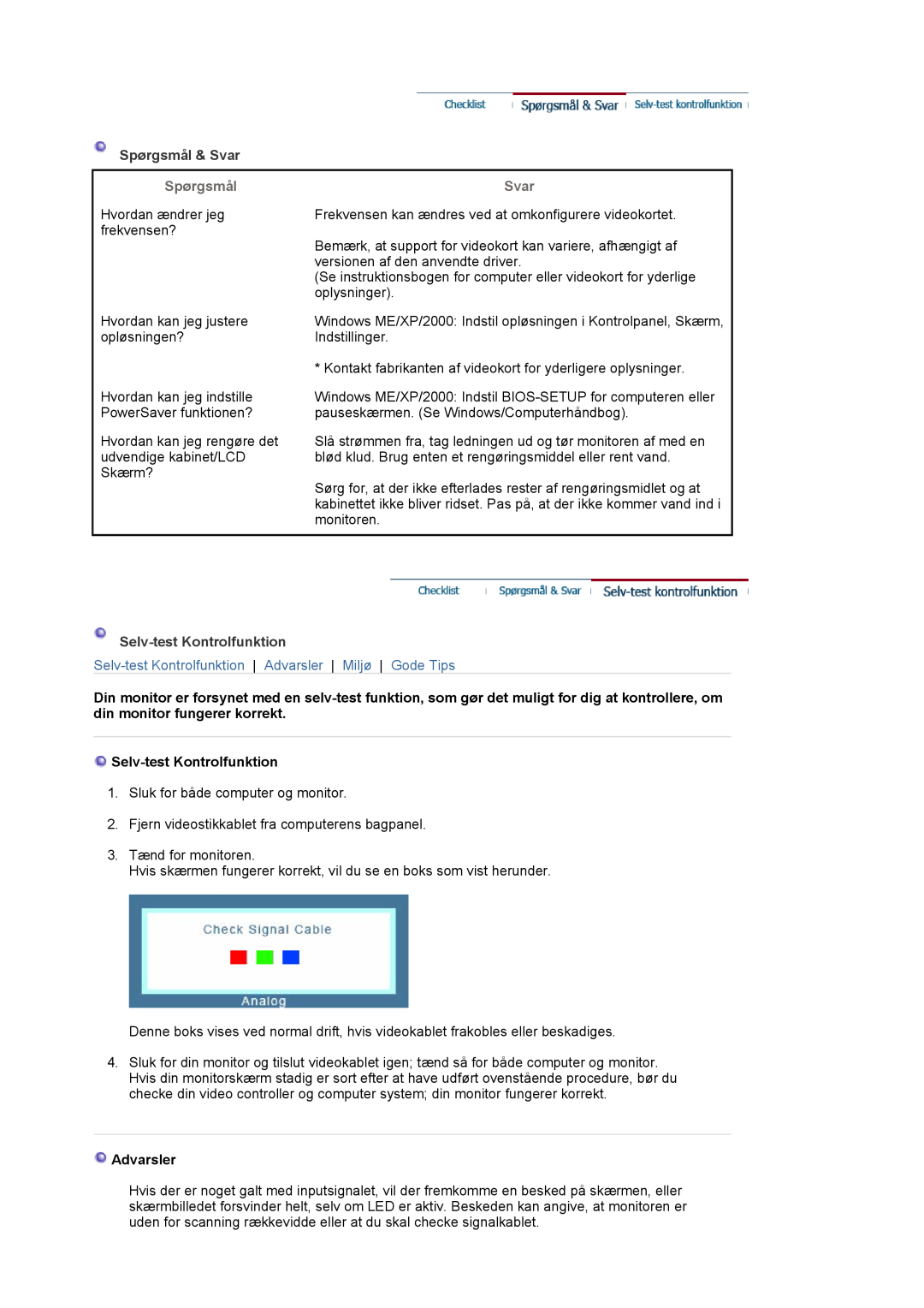 Samsung LS17MJVKS/EDC manual Spørgsmål & Svar, Selv-test Kontrolfunktion, Advarsler 