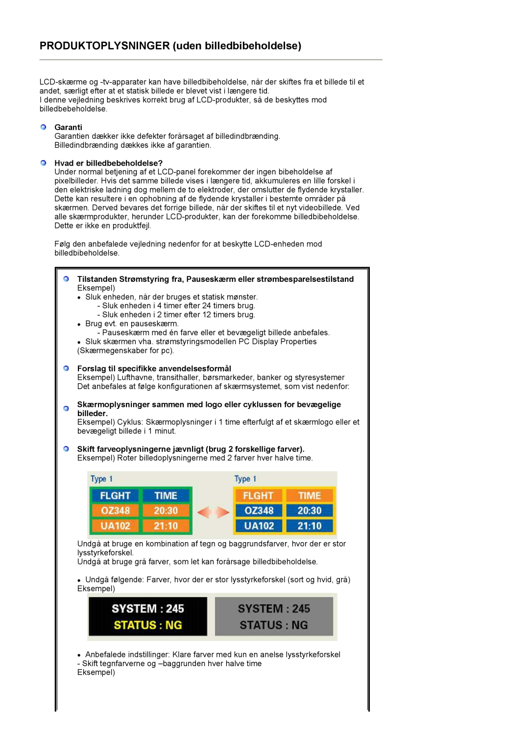Samsung LS17MJVKS/EDC manual PRODUKTOPLYSNINGER uden billedbibeholdelse, Garanti, Hvad er billedbebeholdelse? 