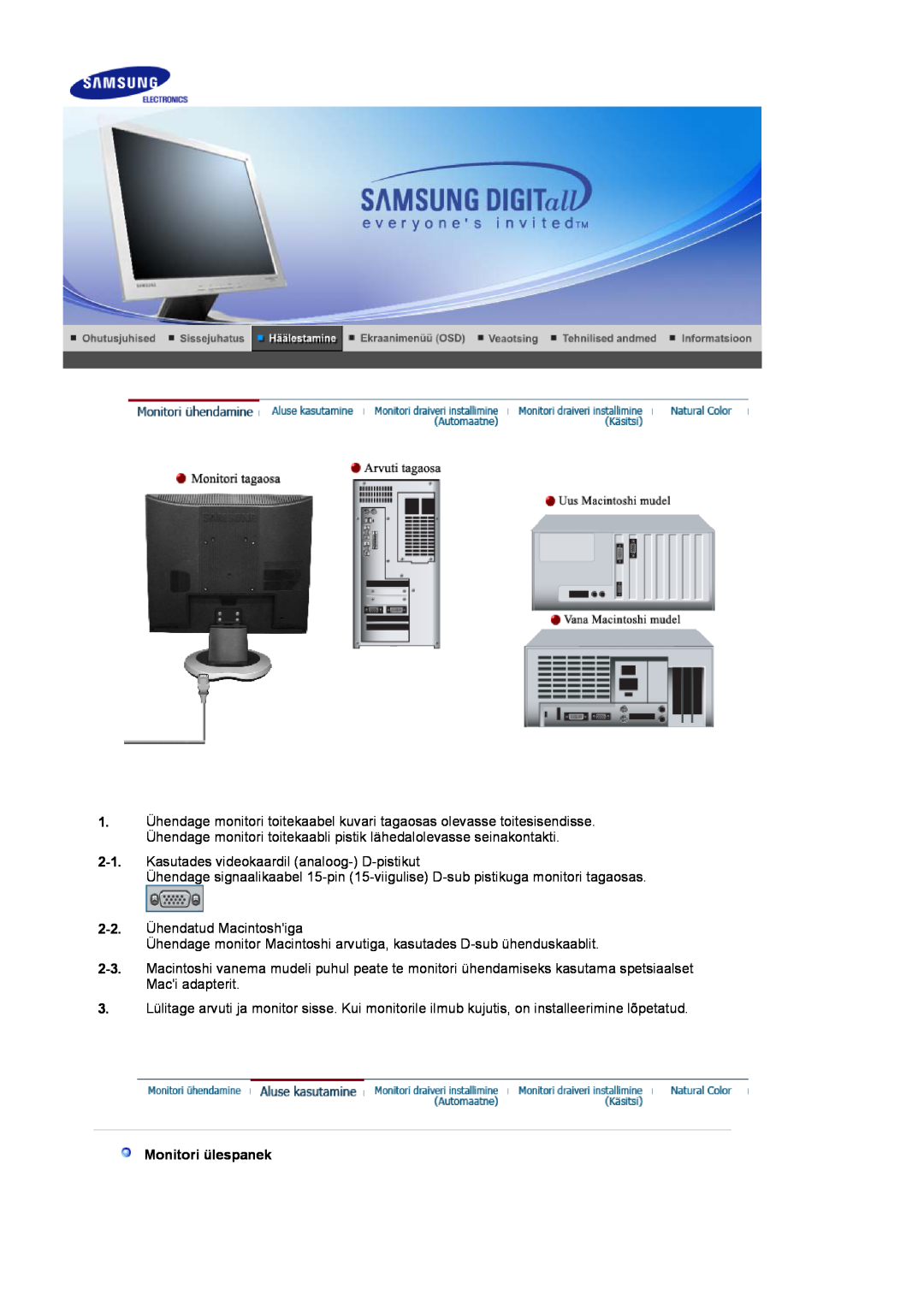 Samsung LS17MJVKS/EDC manual Monitori ülespanek 