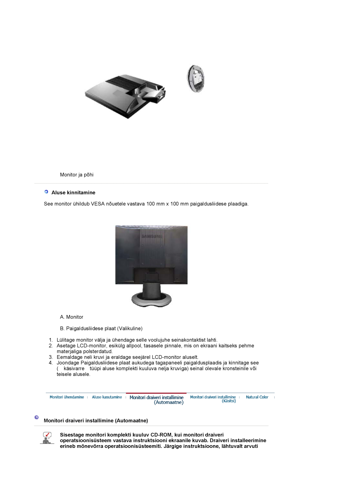 Samsung LS17MJVKS/EDC manual Aluse kinnitamine, Monitori draiveri installimine Automaatne 
