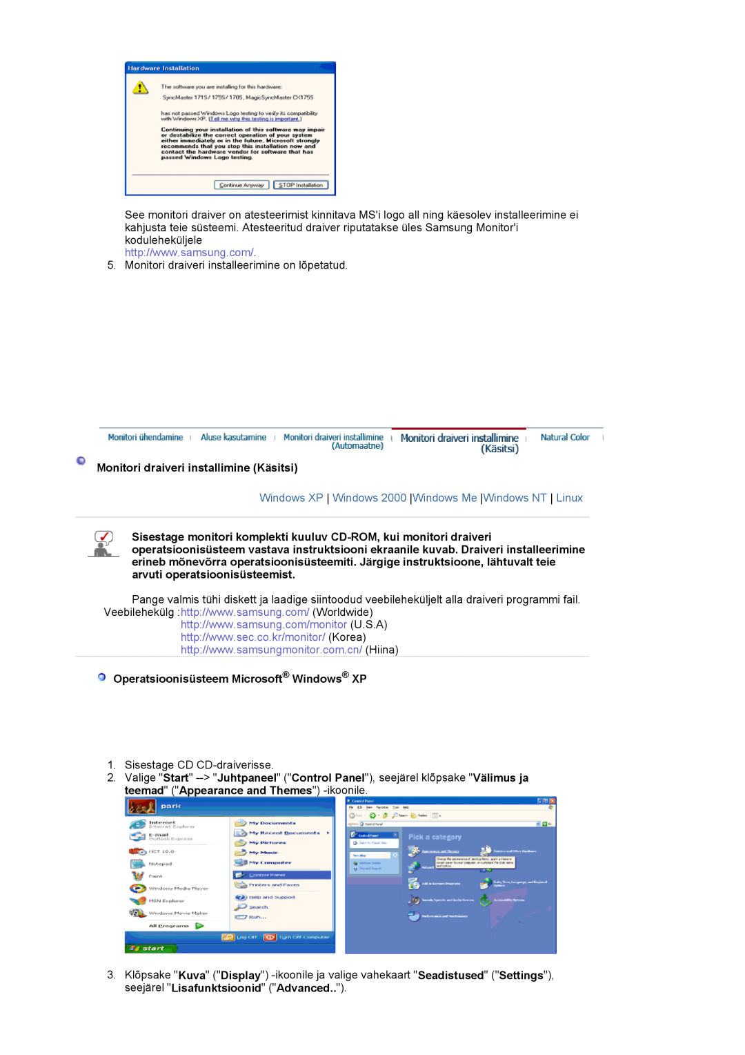 Samsung LS17MJVKS/EDC manual Monitori draiveri installimine Käsitsi, Operatsioonisüsteem Microsoft Windows XP 