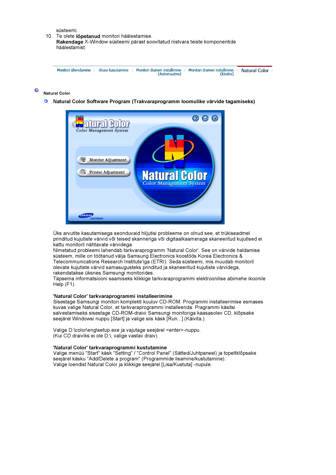 Samsung LS17MJVKS/EDC manual Natural Color tarkvaraprogrammi installeerimine, Natural Color tarkvaraprogrammi kustutamine 