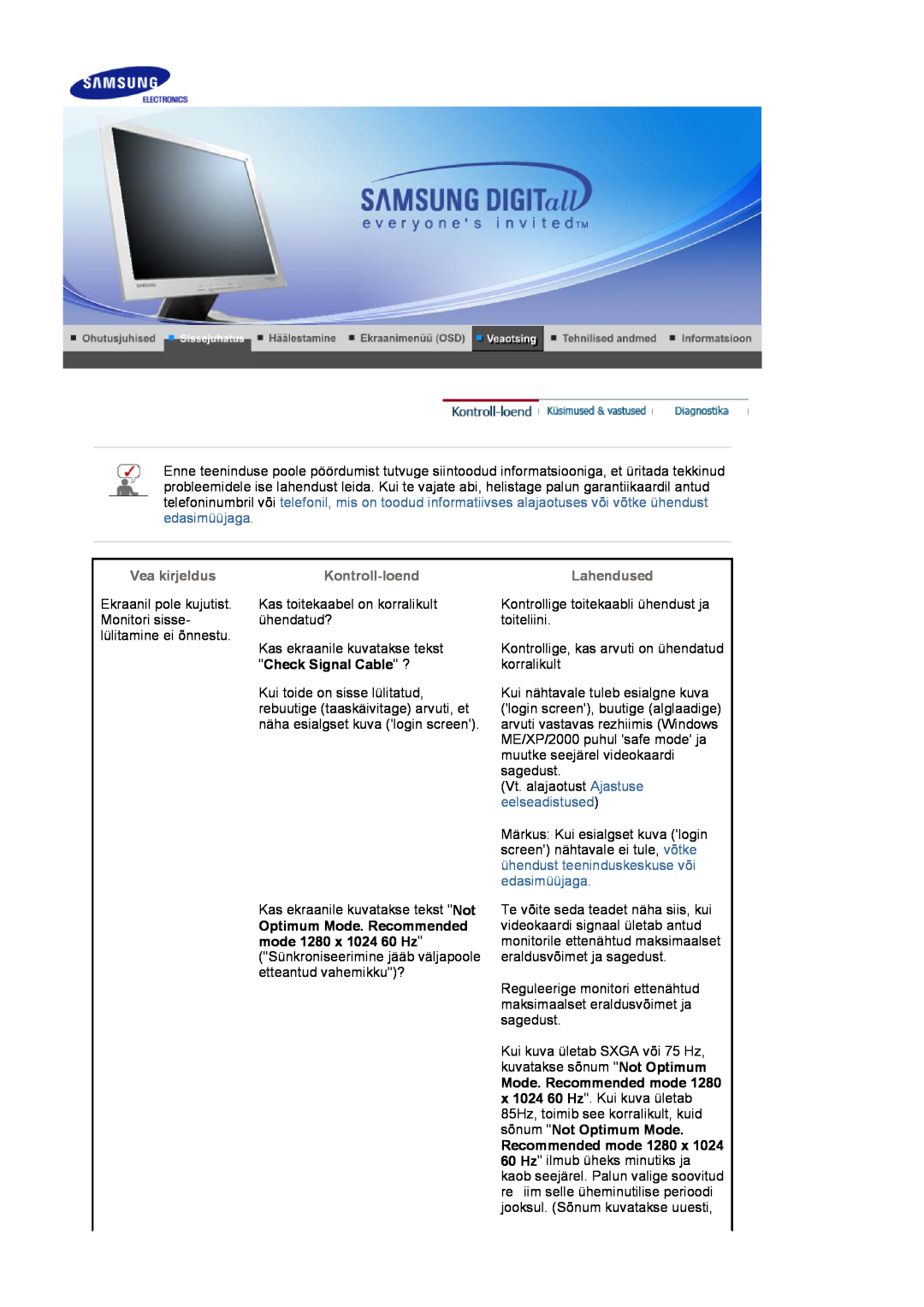 Samsung LS17MJVKS/EDC manual Check Signal Cable ?, Recommended mode 1280 x, Vea kirjeldus, Kontroll-loend, Lahendused 