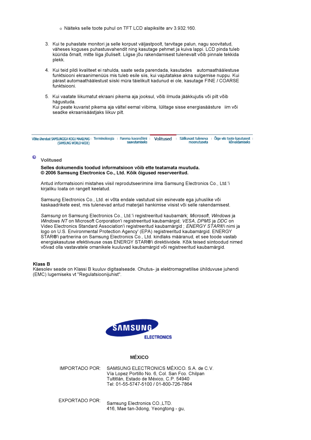 Samsung LS17MJVKS/EDC manual Volitused, Klass B, México 