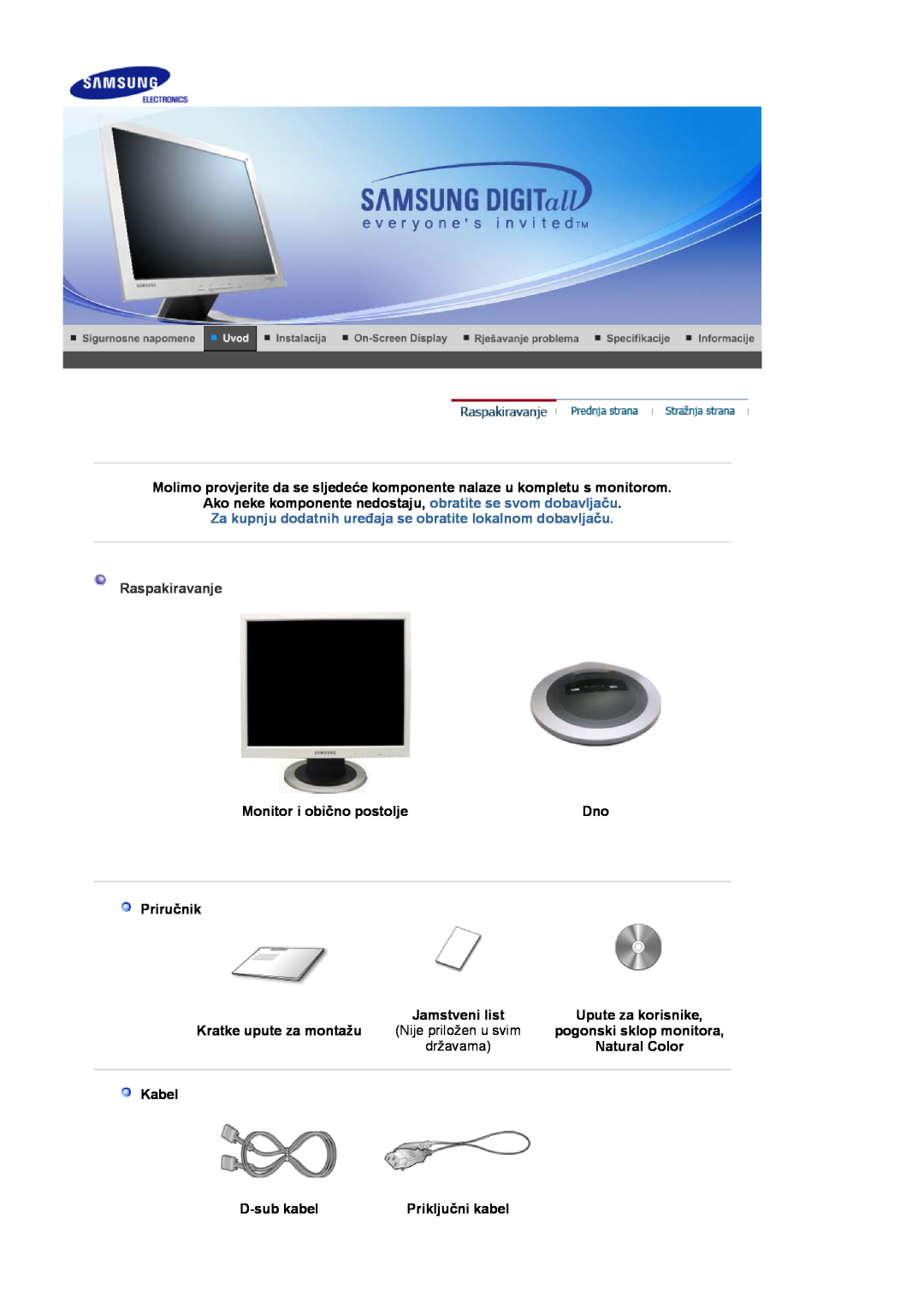 Samsung LS17MJVKS/EDC Raspakiravanje, Monitor i obično postolje, Priručnik, Jamstveni list, Upute za korisnike, državama 