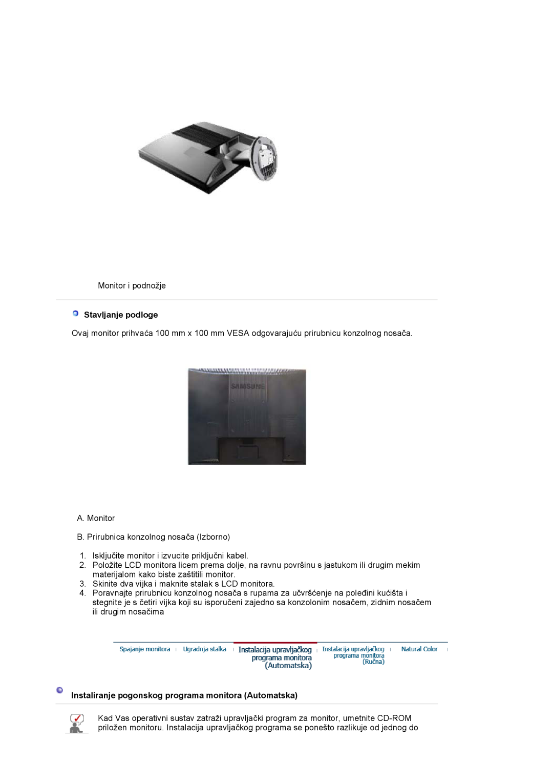 Samsung LS17MJVKS/EDC manual Stavljanje podloge, Instaliranje pogonskog programa monitora Automatska 