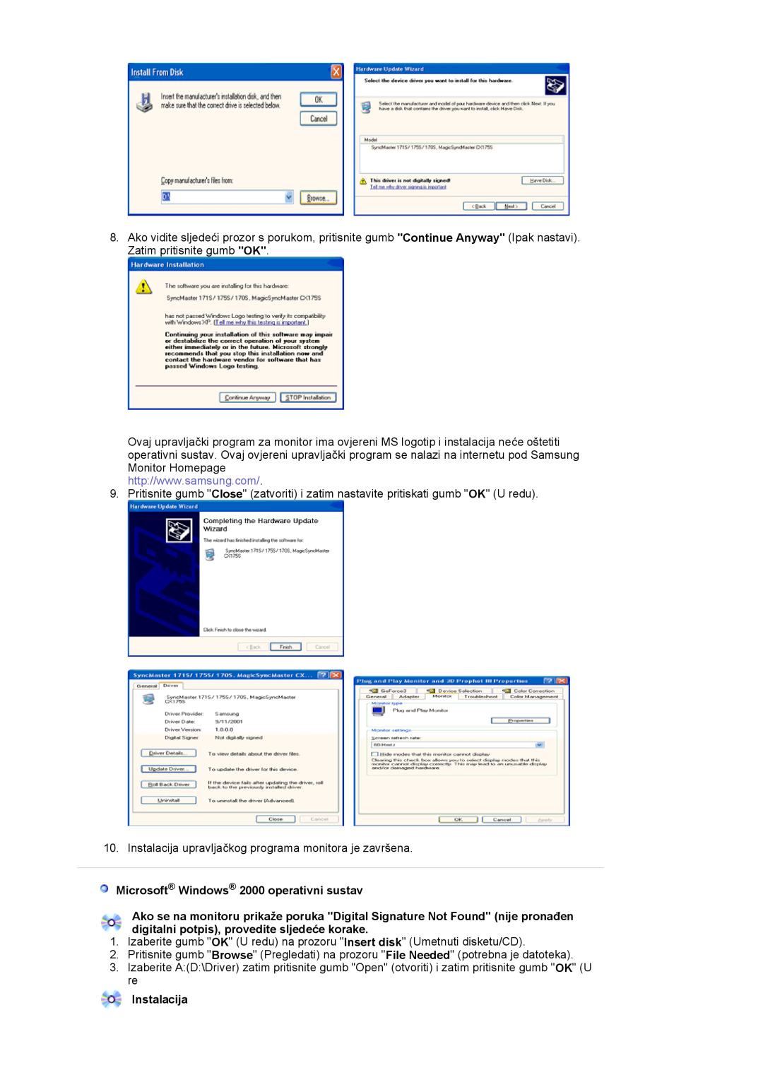 Samsung LS17MJVKS/EDC manual Microsoft Windows 2000 operativni sustav, Instalacija 