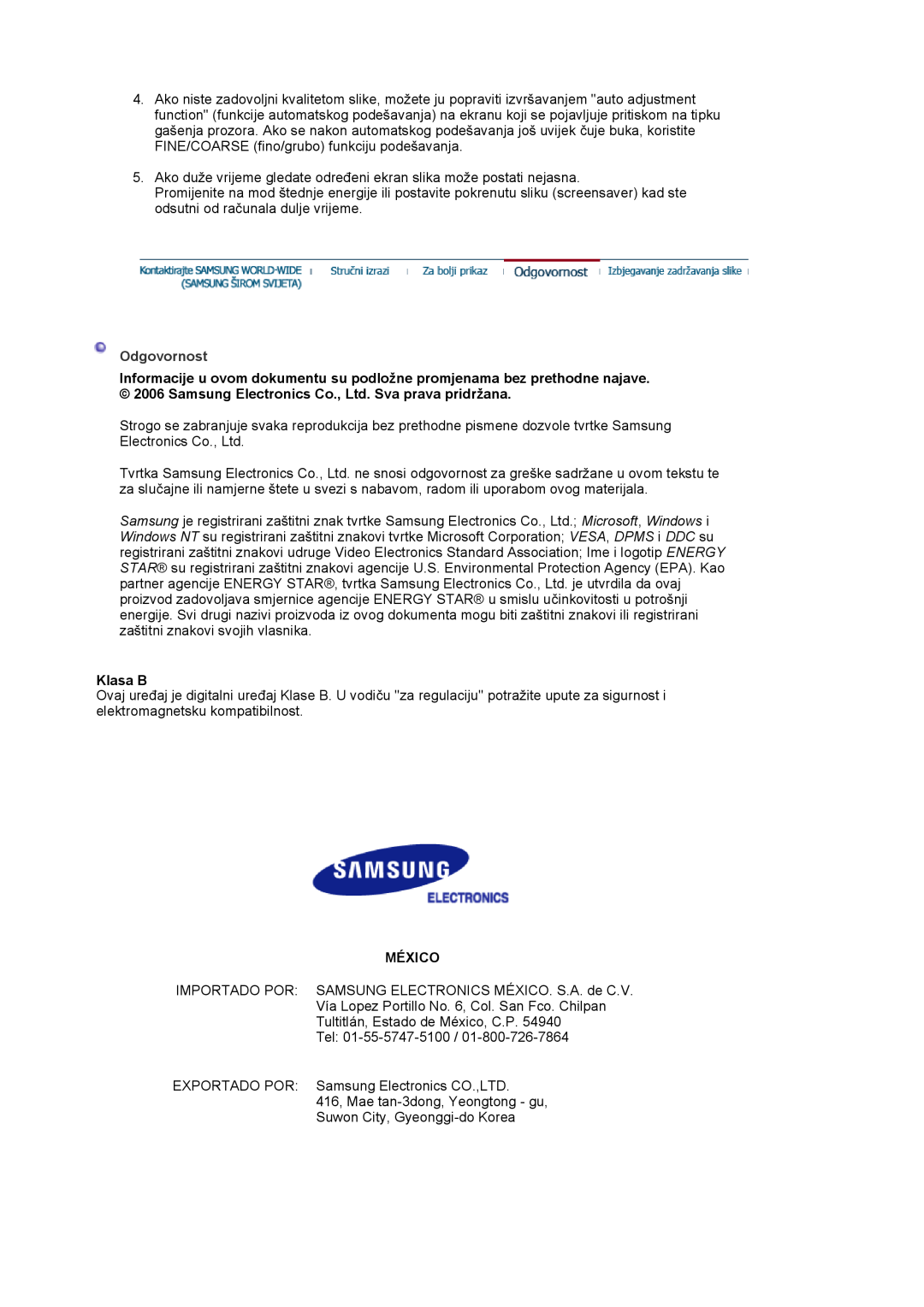 Samsung LS17MJVKS/EDC manual Odgovornost, Klasa B, México 