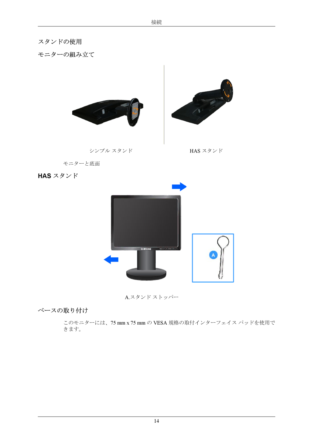 Samsung LS17MYAKN/XSJ, LS17MYAKB/XSJ manual スタンドの使用 モニターの組み立て, Has スタンド, ベースの取り付け 